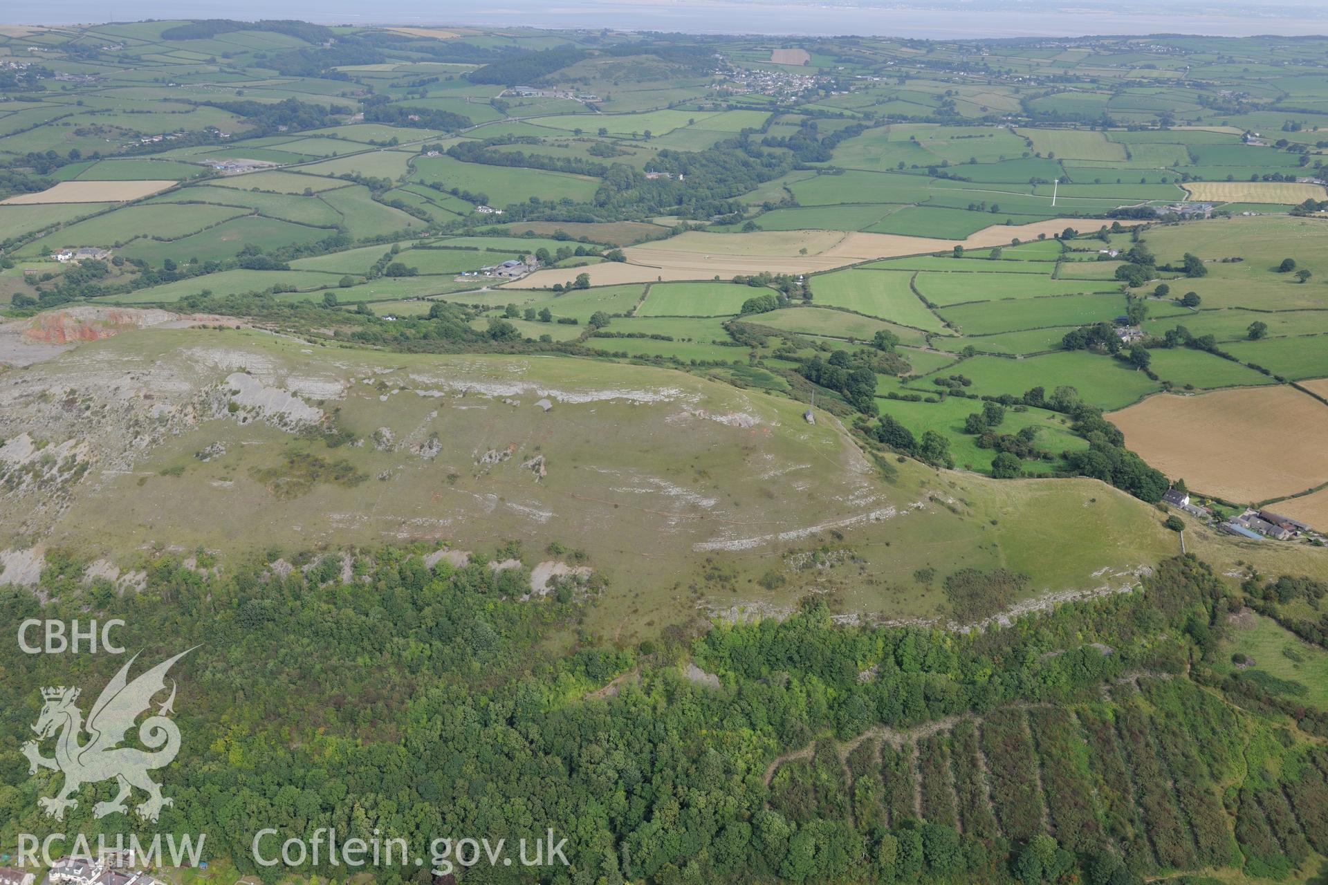 Moel Hiraddug Camp, Dyserth, near St. Asaph. Oblique aerial photograph taken during the Royal Commission's programme of archaeological aerial reconnaissance by Toby Driver on 11th September 2015.