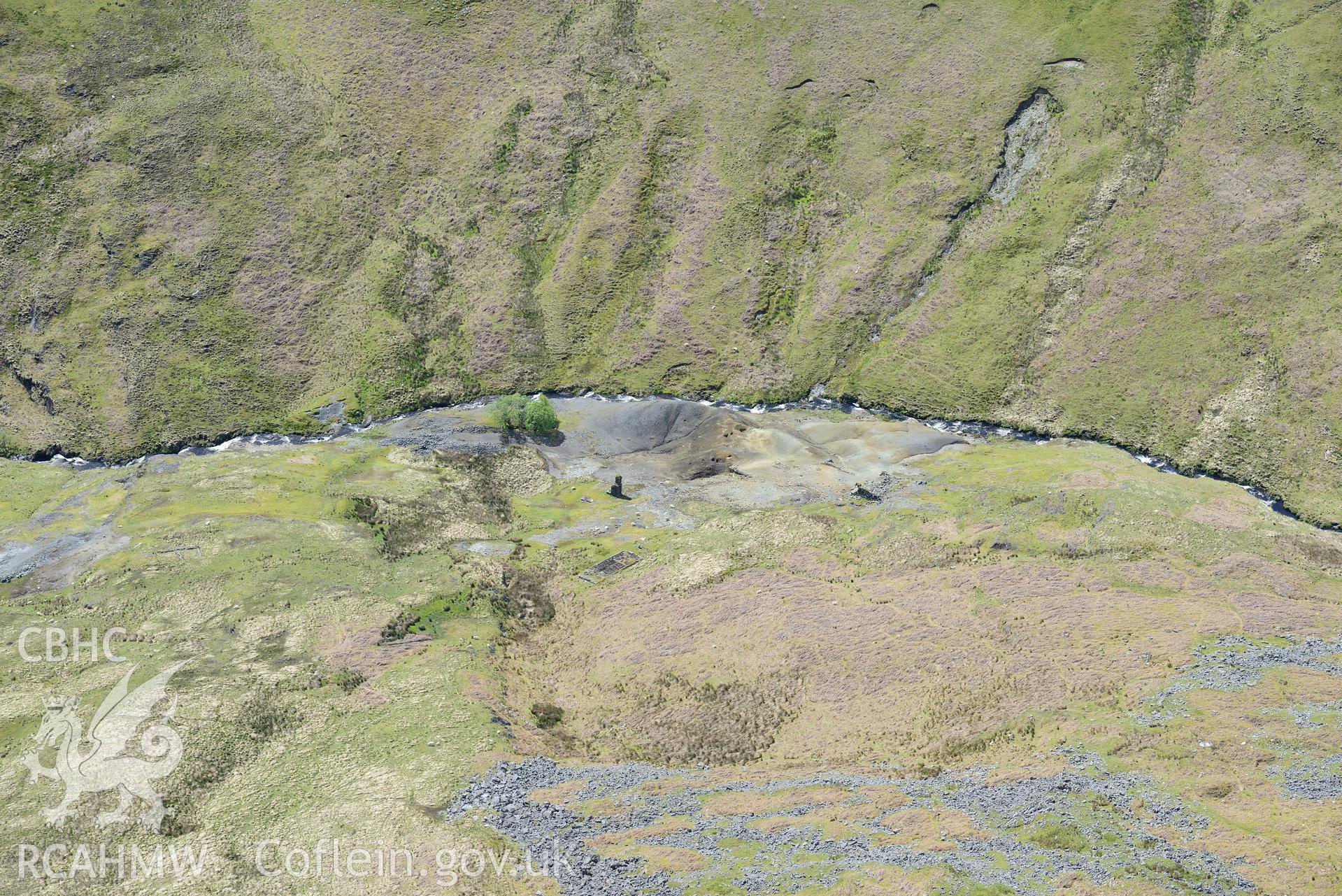 Nant-y-Garw lead mine, associated buildings and smithy chimney. Oblique aerial photograph taken during the Royal Commission's programme of archaeological aerial reconnaissance by Toby Driver on 3rd June 2015.