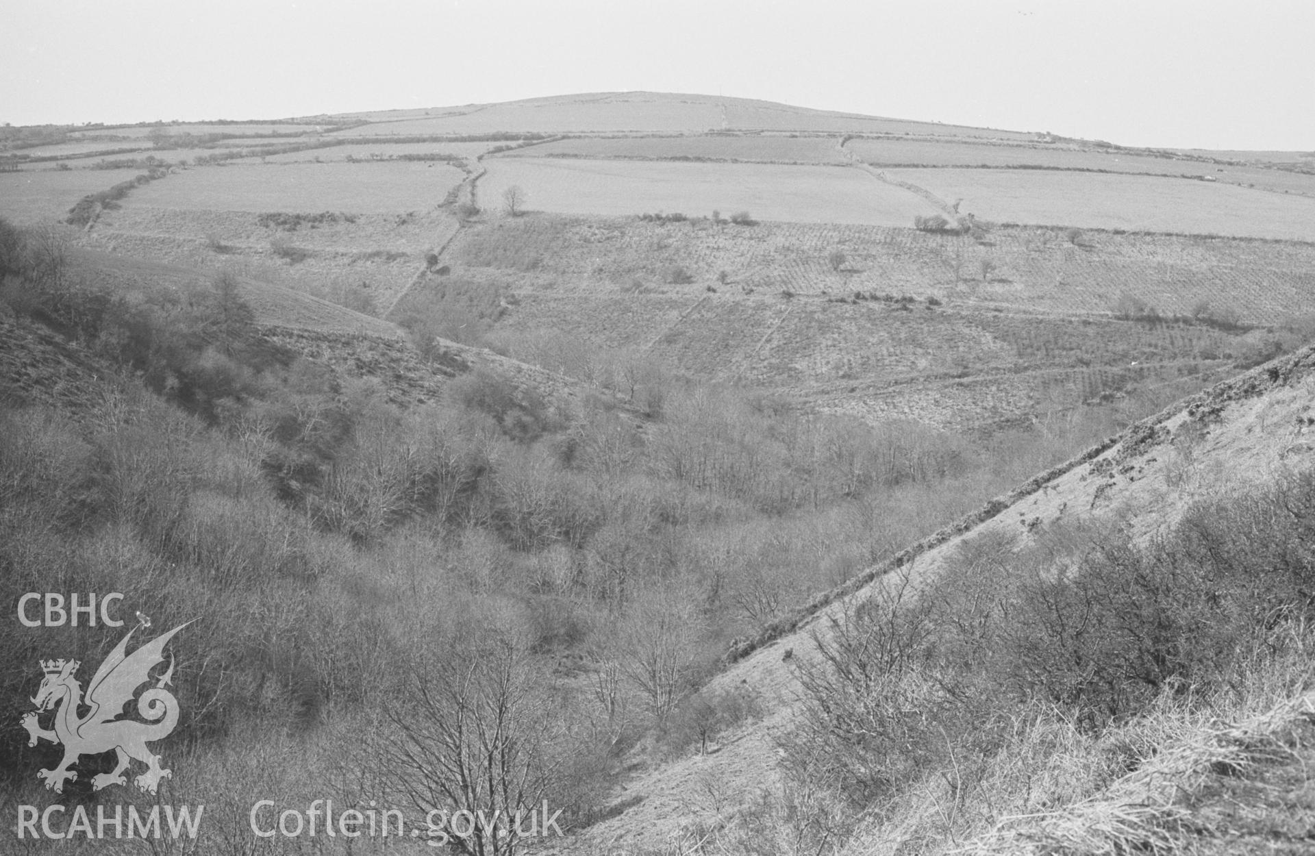 Digital copy of a black and white negative showing view looking across the Nant Fothau to Penmeolciliau hill (710ft) from 300m along the lane from Pen-y-Rhiw. Photographed by Arthur O. Chater in April 1968. (Looking north west from Grid Reference SN 356 551).