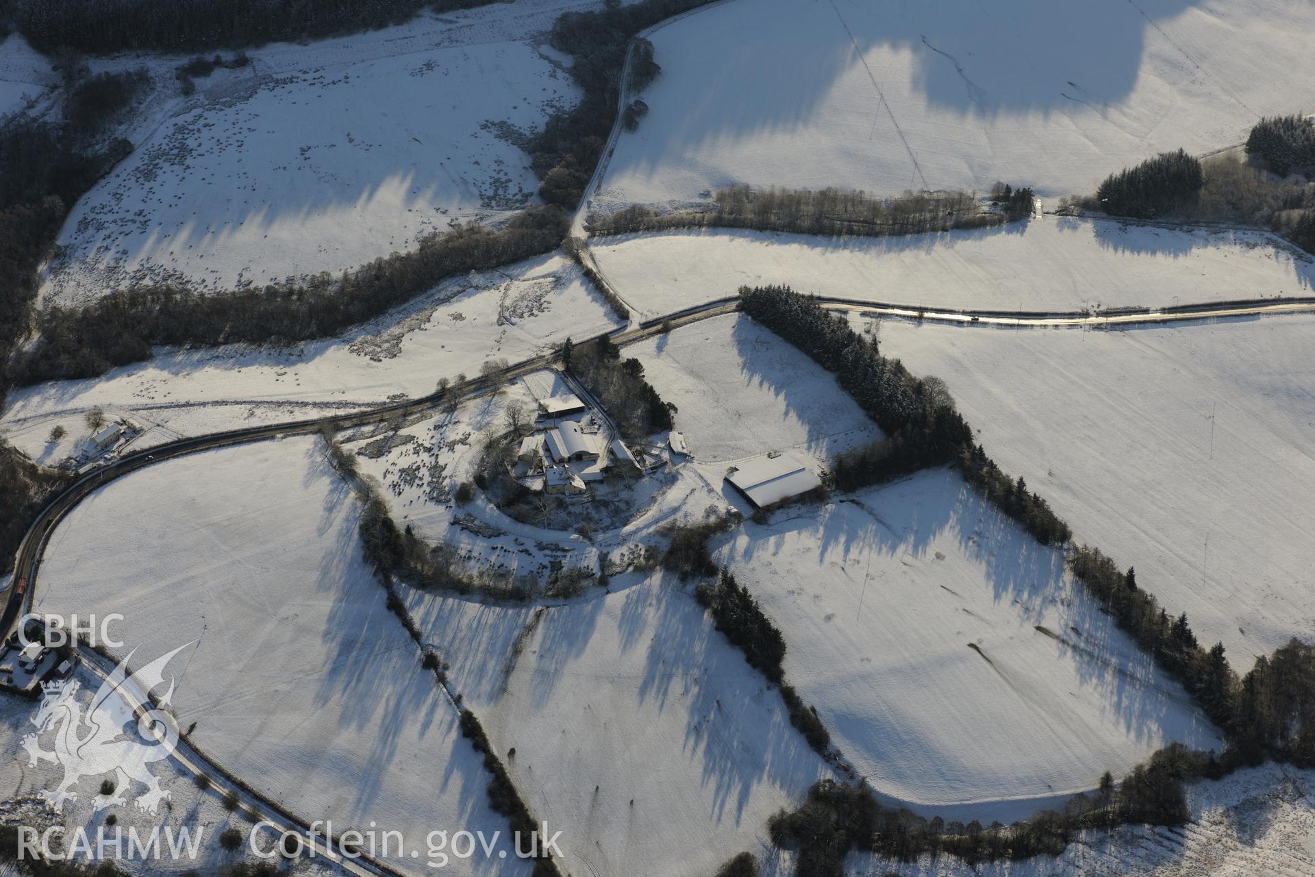 Colwyn Castle, the Roman fort at Colwyn Castle and Fforest farm, Glascwm, north east of Builth Wells. Oblique aerial photograph taken during the Royal Commission?s programme of archaeological aerial reconnaissance by Toby Driver on 15th January 2013.