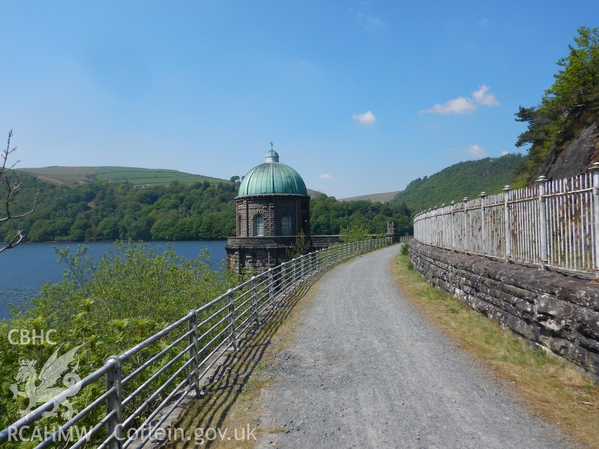 Foel Valve Tower, looking north-west. Photographed as part of Archaeological Desk Based Assessment of Afon Claerwen, Elan Valley, Rhayader, Powys. Assessment conducted by Archaeology Wales in 2018. Report no. 1681. Project no. 2573.