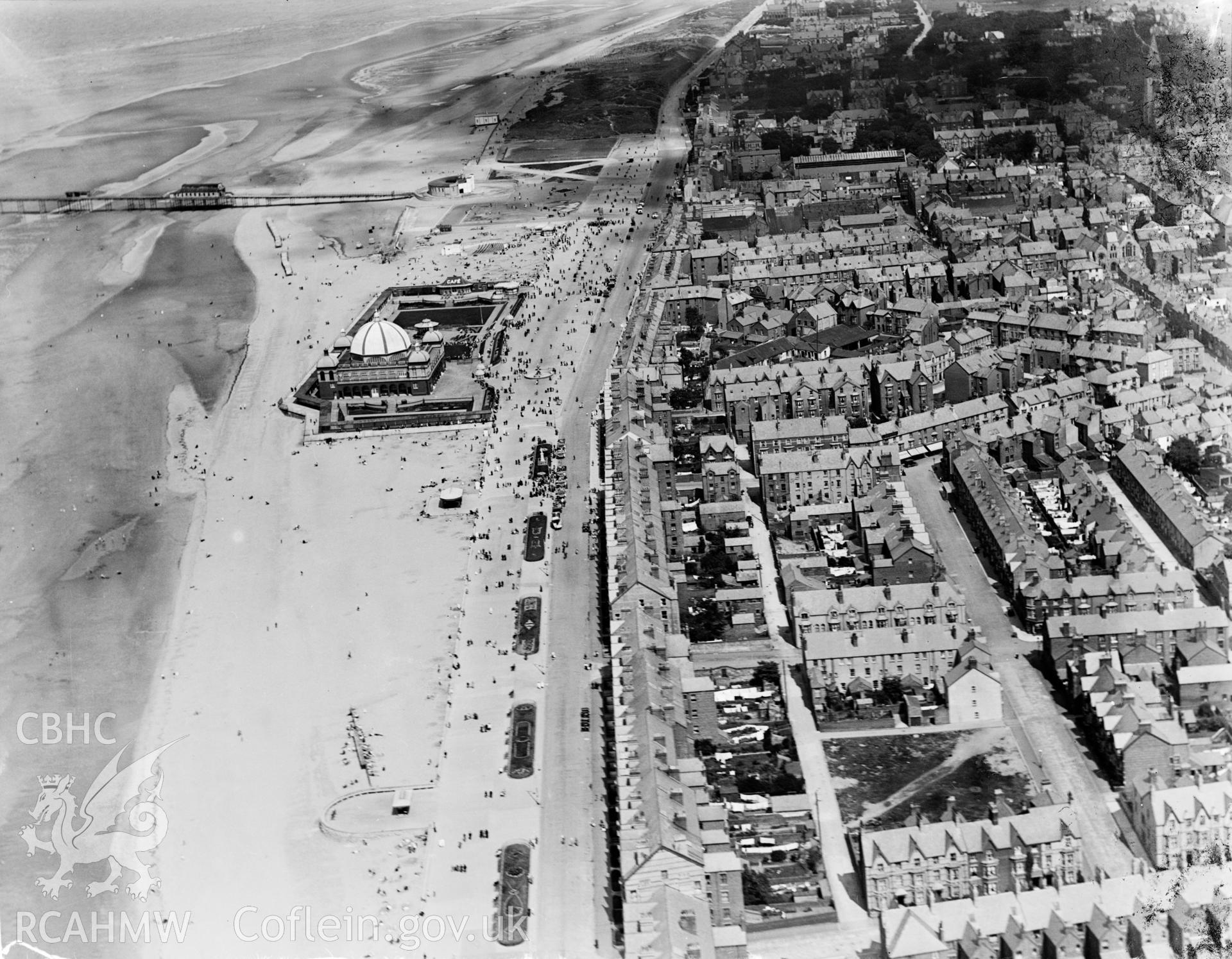 View of Rhyl showing the new pavillion and bandstand complex, oblique aerial view. 5?x4? black and white glass plate negative.