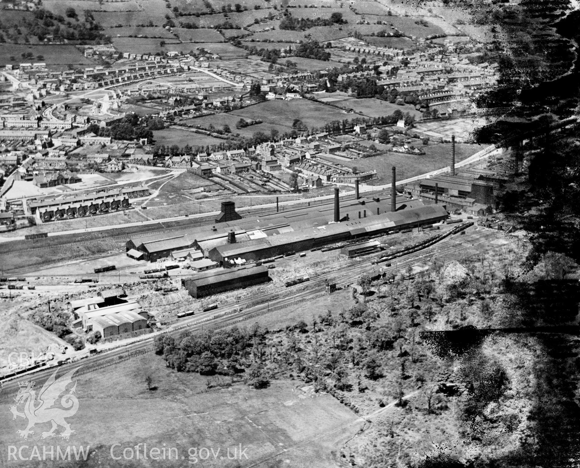 View of Baldwins works, Griffithstown, oblique aerial view. 5?x4? black and white glass plate negative.