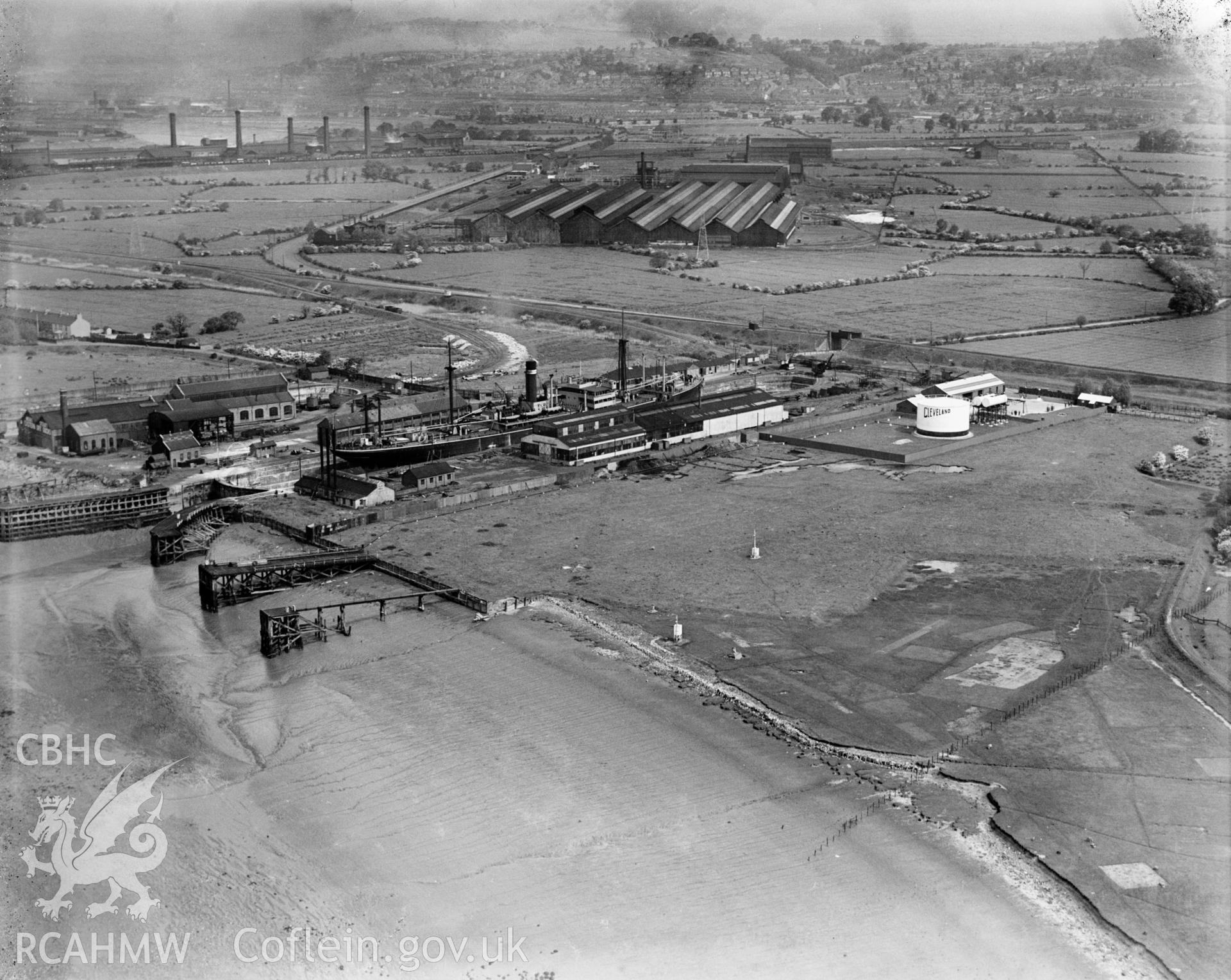 View of Union Dry Docks, Newport, oblique aerial view. 5?x4? black and white glass plate negative.