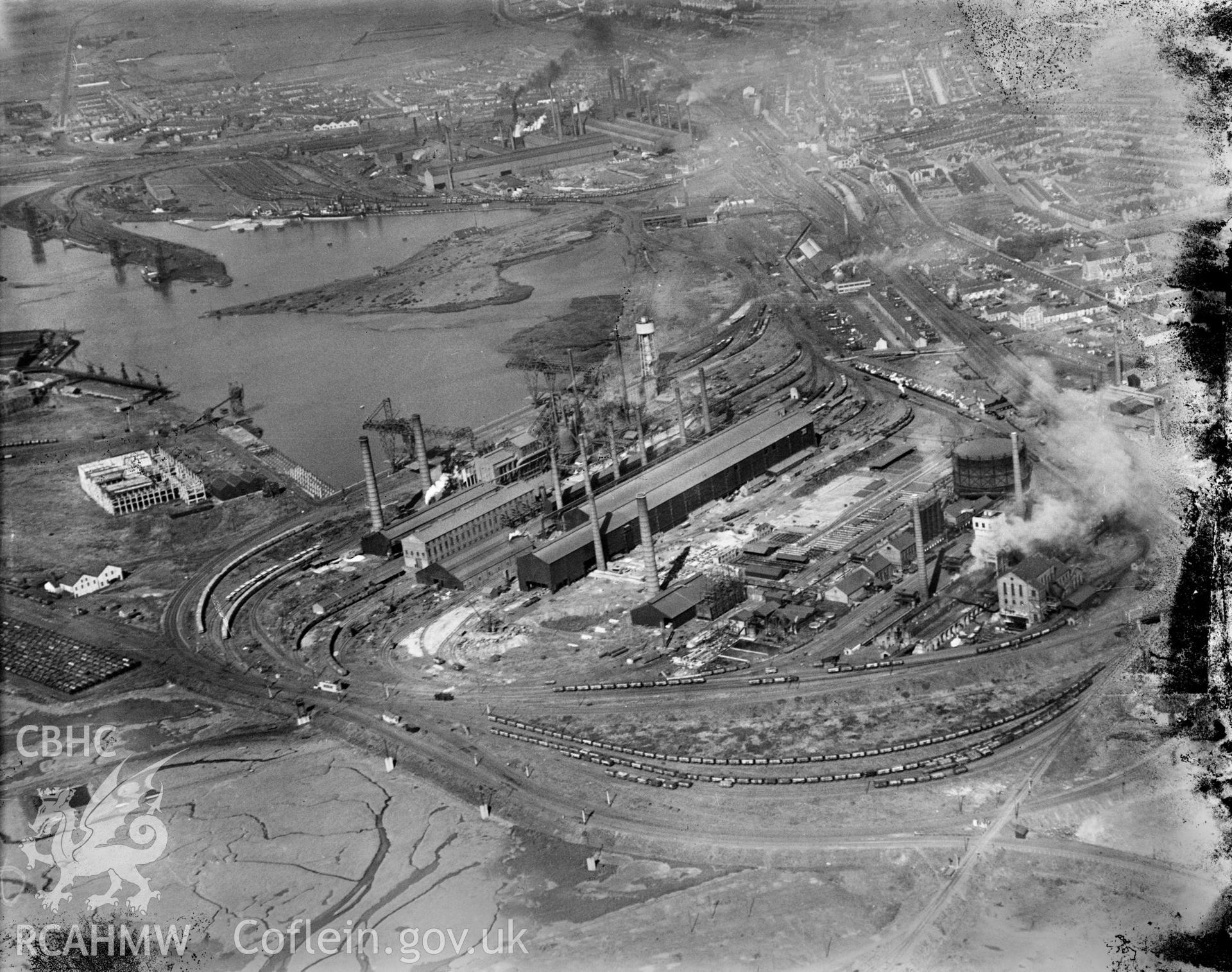 View of Baldwins Iron and Steelworks, Port Talbot, oblique aerial view. 5?x4? black and white glass plate negative.