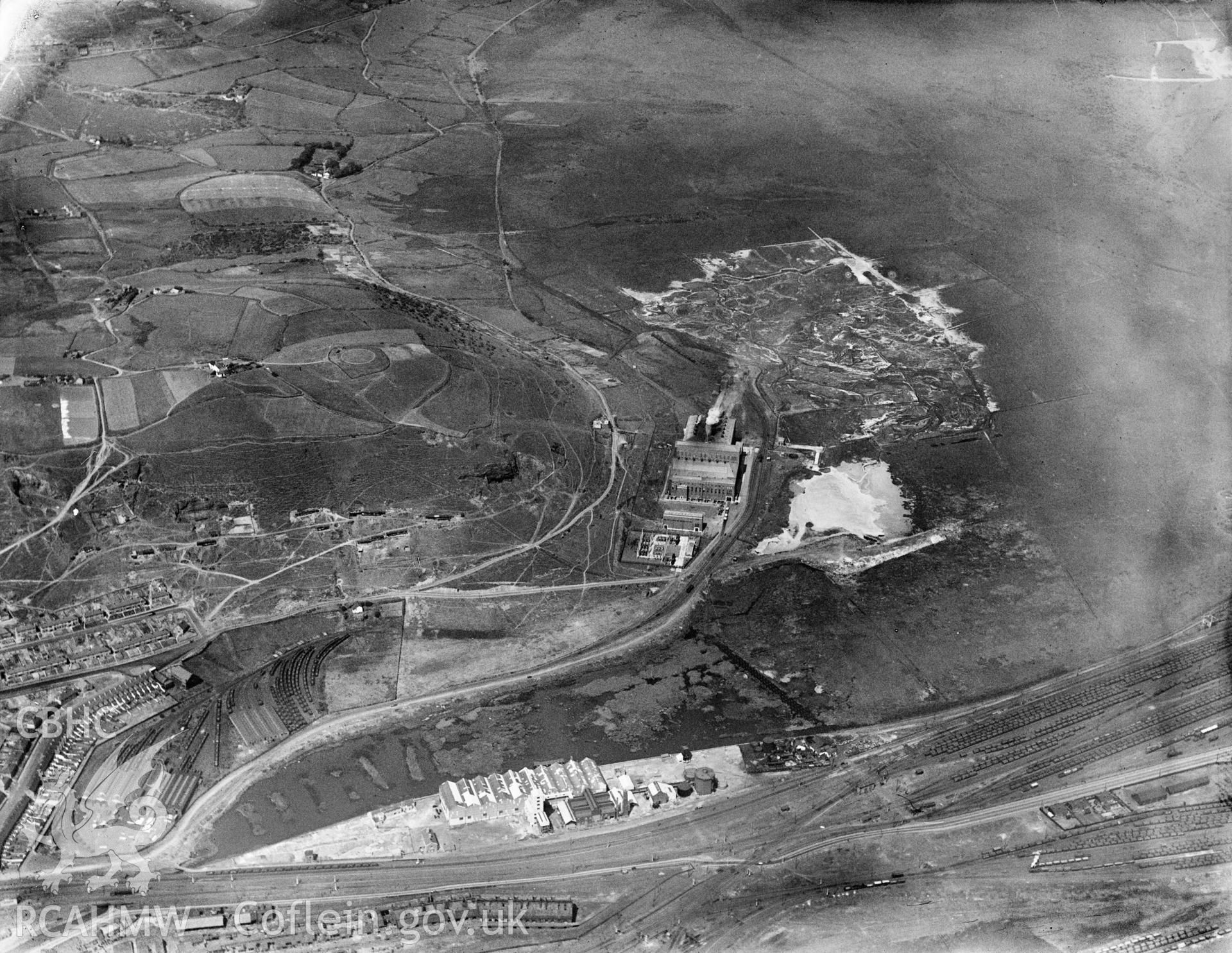 Distant view of Tir John power station, Swansea, oblique aerial view. 5?x4? black and white glass plate negative.