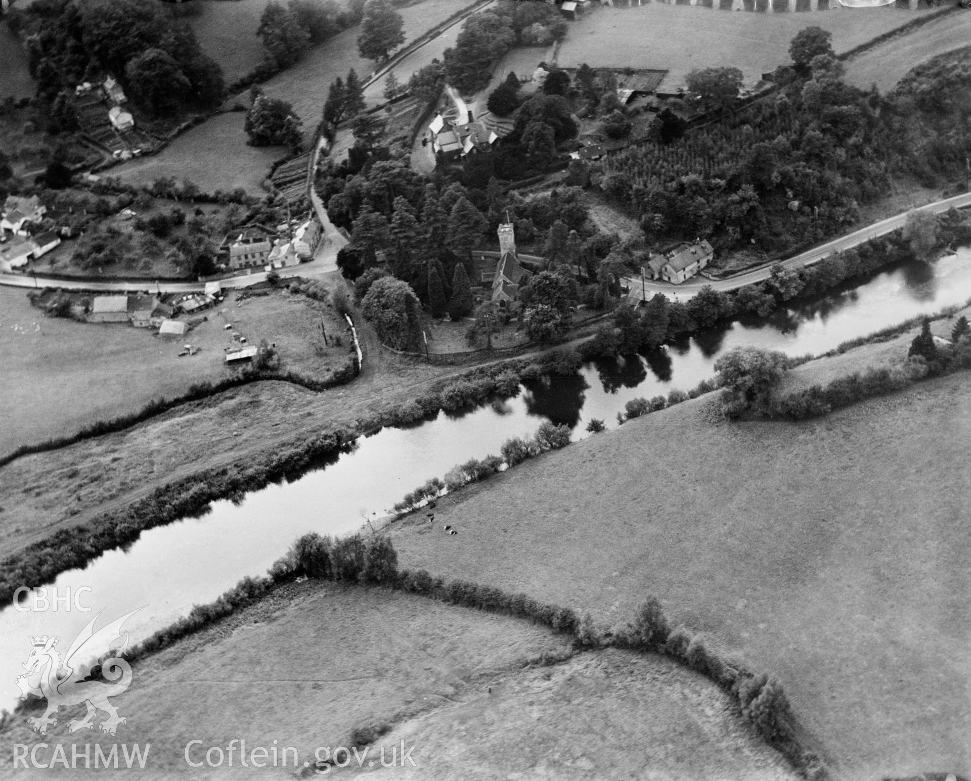 View of Llanbadoc, Usk; showing St Madoc's church. Oblique aerial photograph, 5?x4? BW glass plate.