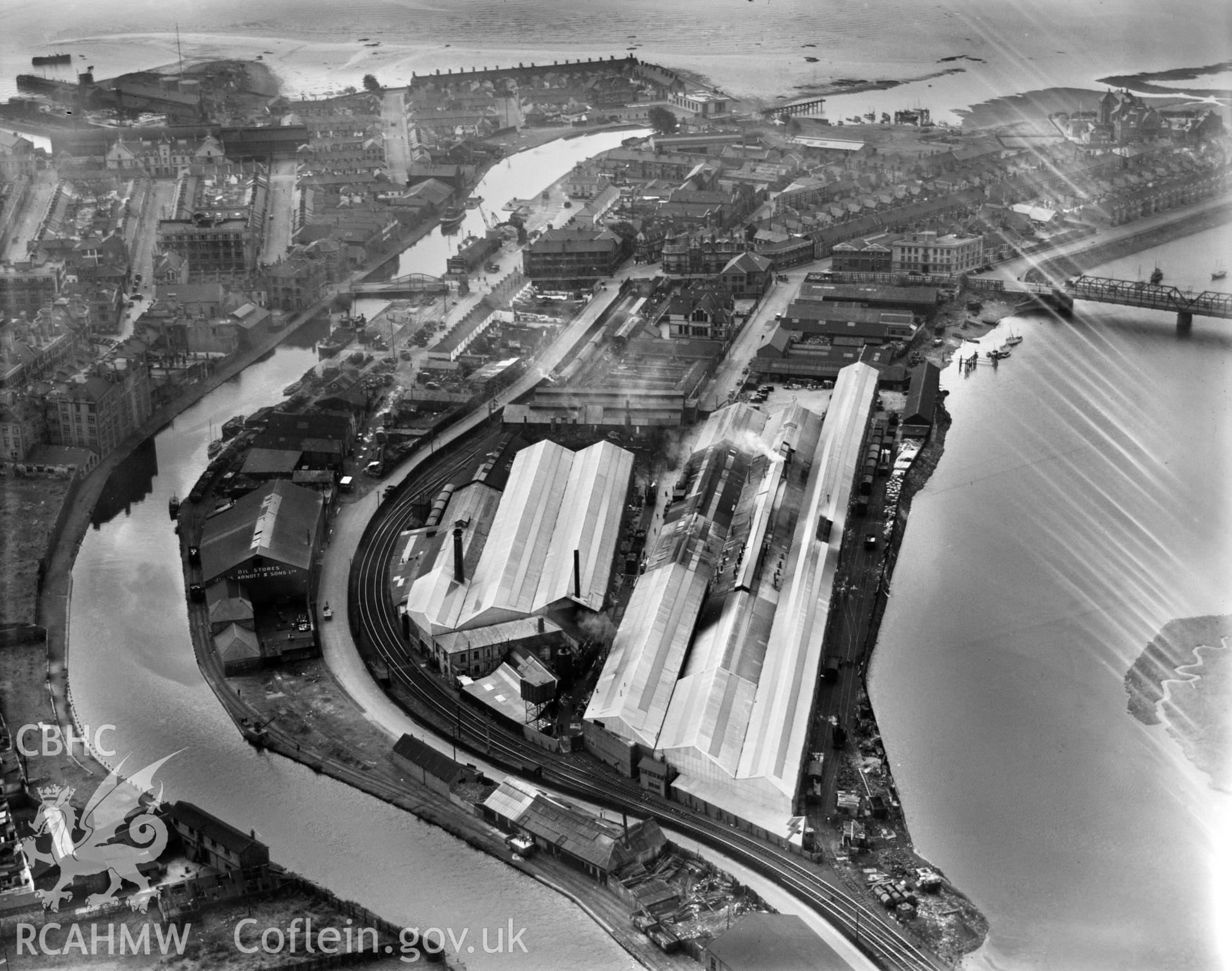 View of Bute Ironworks, Cardiff, oblique aerial view. 5?x4? black and white glass plate negative.