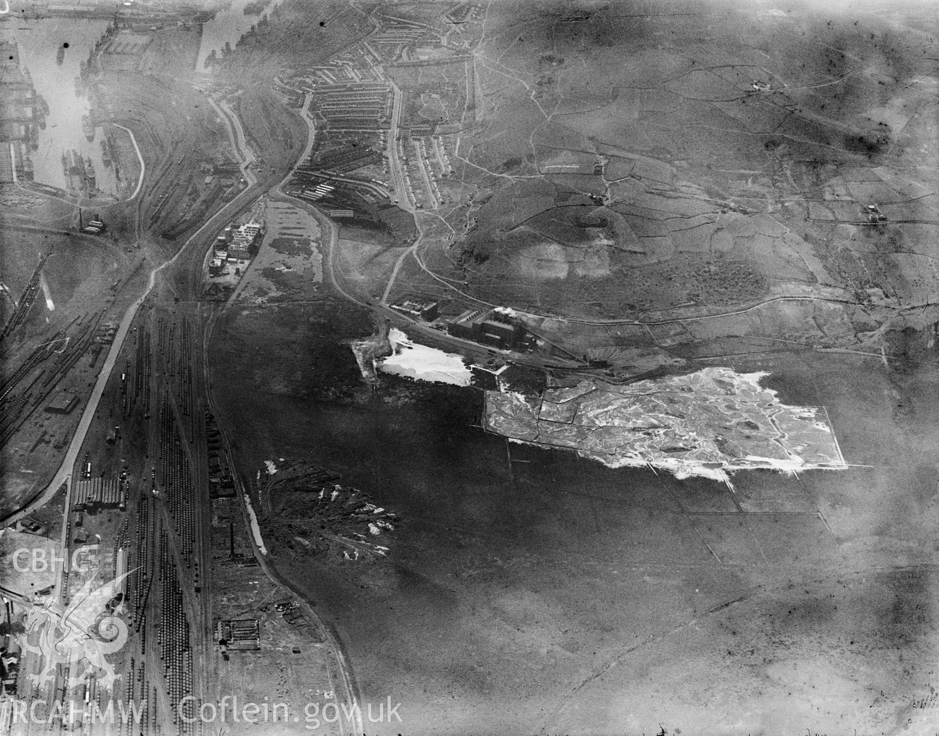 Distant view of Tir John power station, Swansea, oblique aerial view. 5?x4? black and white glass plate negative.