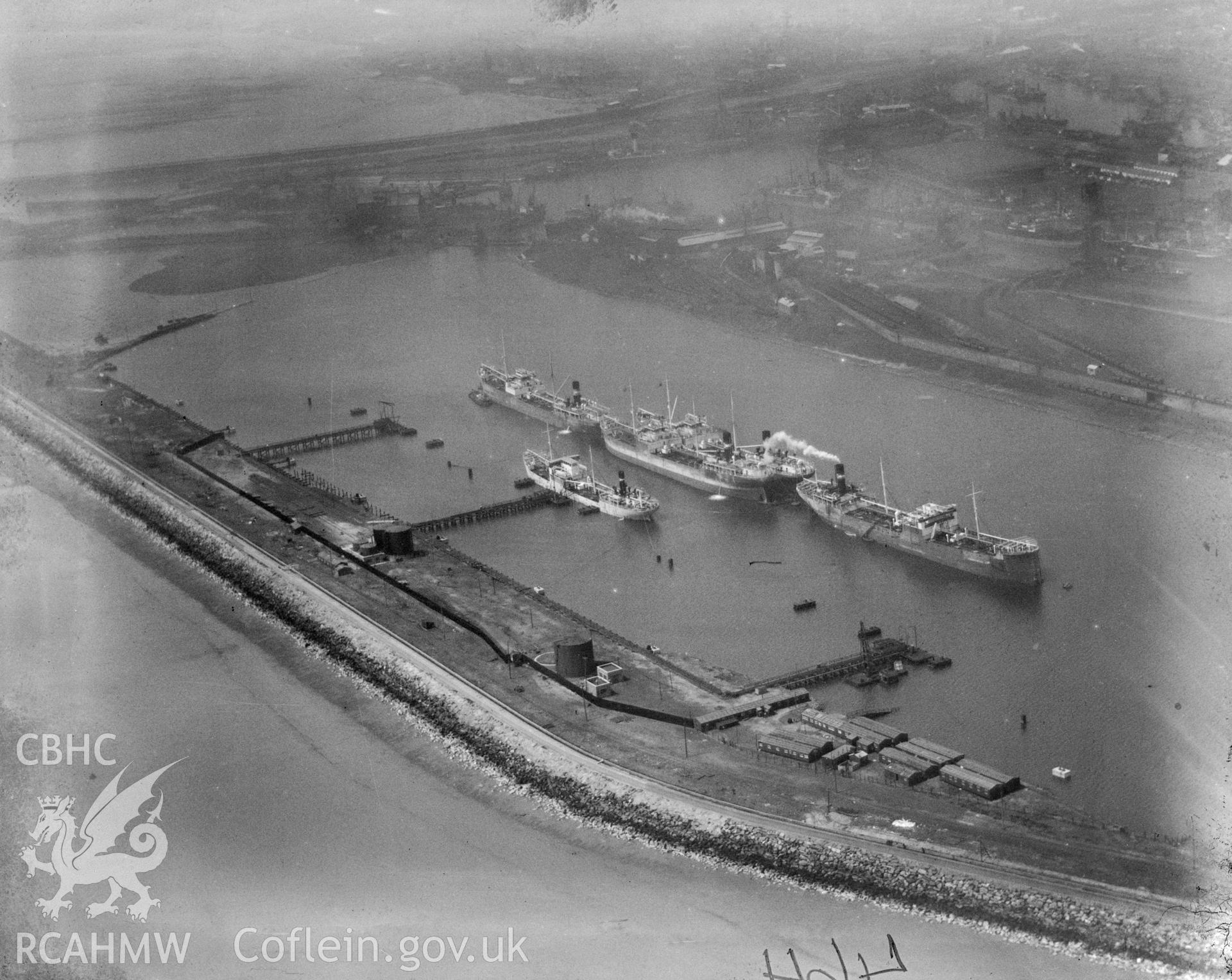 View of ships moored at Queen's Dock, Swansea. Oblique aerial photograph, 5?x4? BW glass plate.