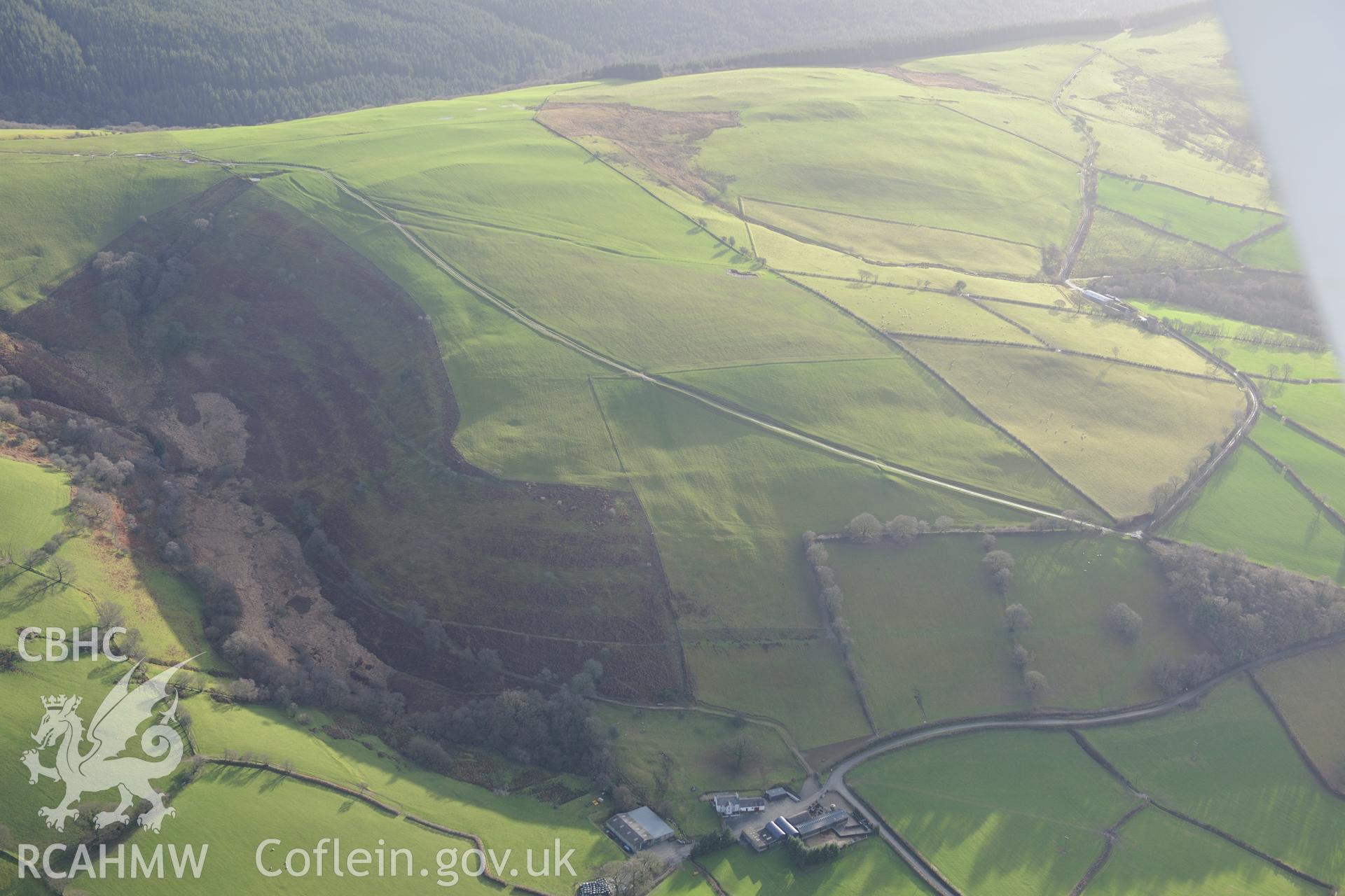 Dolau Cothi Aqueduct. Oblique aerial photograph taken during the Royal Commission's programme of archaeological aerial reconnaissance by Toby Driver on 6th January 2015.