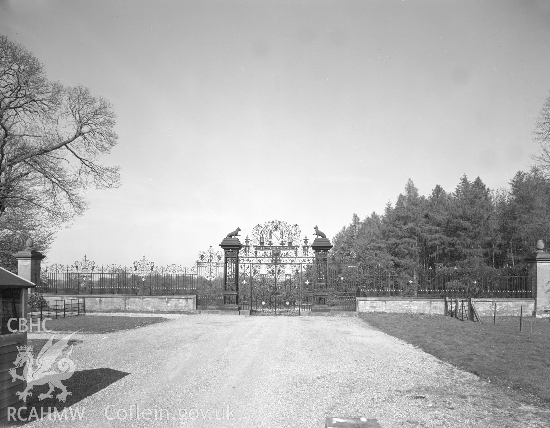 Digital copy of an acetate negative showing view of Chirk Castle gates taken by Department of Environment in 1977.