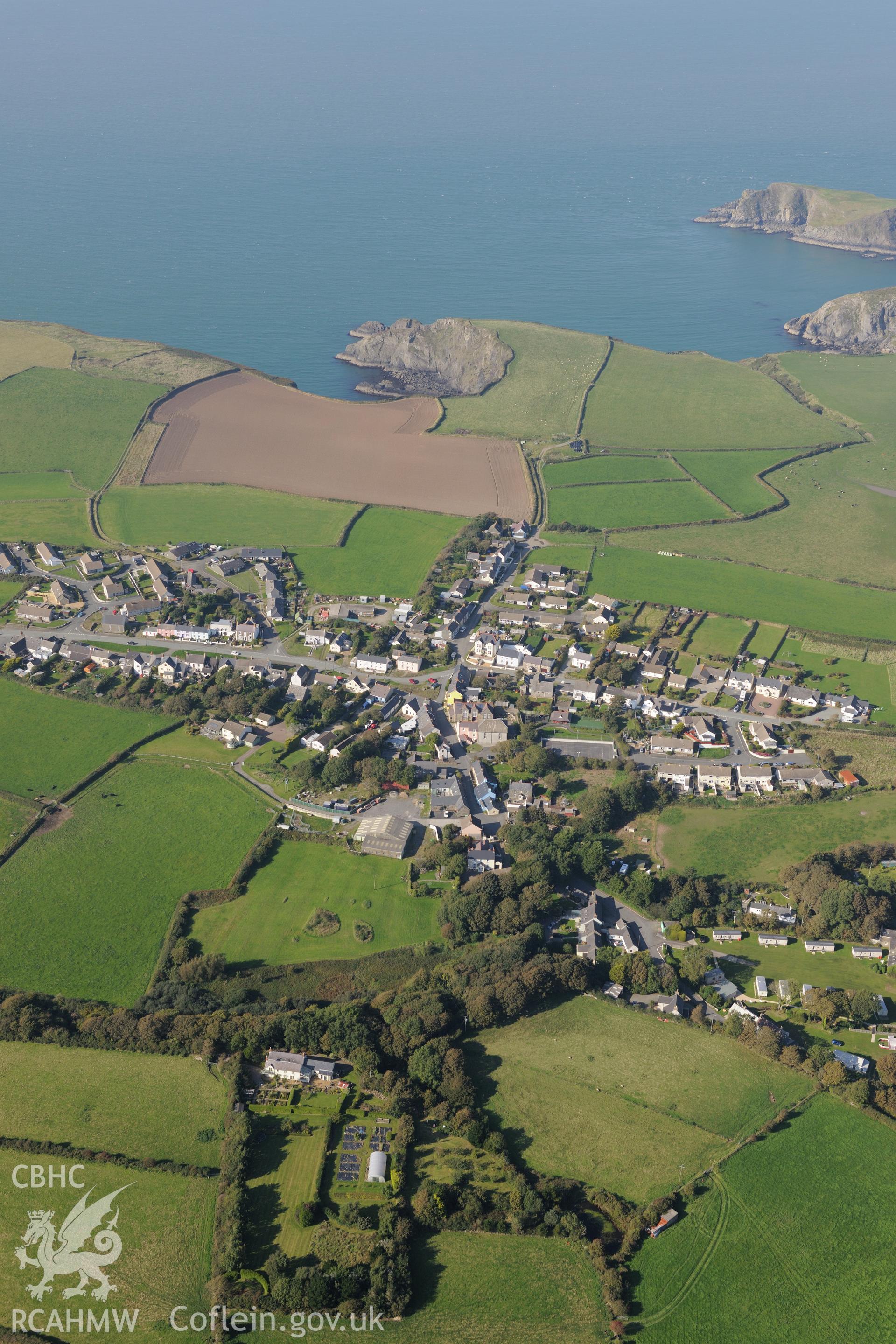 The village of Tre-fin, south west of Fishguard. Oblique aerial photograph taken during the Royal Commission's programme of archaeological aerial reconnaissance by Toby Driver on 30th September 2015.