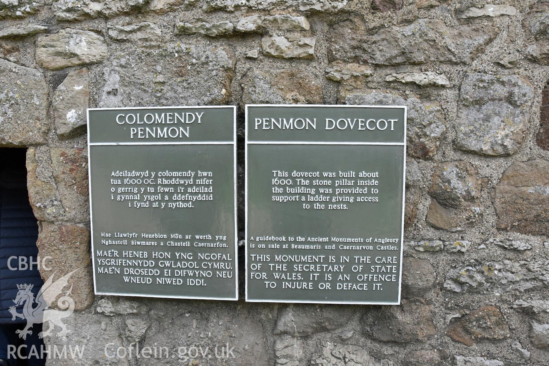 Investigator's photographic survey of Penmon Priory Dovecote for the CHERISH Project. ? Crown: CHERISH PROJECT 2019. Produced with EU funds through the Ireland Wales Co-operation Programme 2014-2020. All material made freely available through the Open Government Licence.