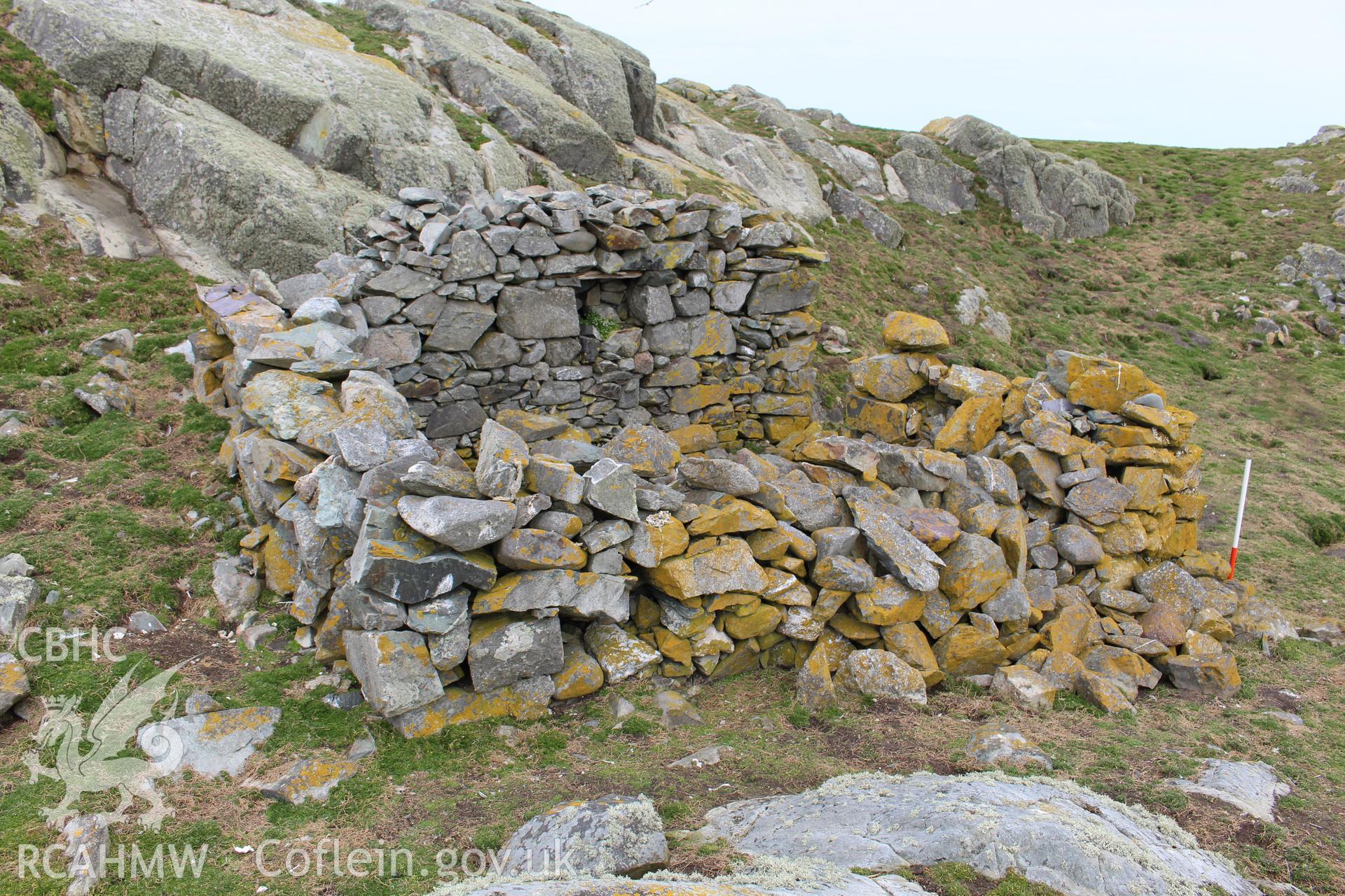 Skerries buoy keeper's cottage or stone shelter. Investigator's photographic survey for the CHERISH Project. ? Crown: CHERISH PROJECT 2018. Produced with EU funds through the Ireland Wales Co-operation Programme 2014-2020. All material made freely available through the Open Government Licence.