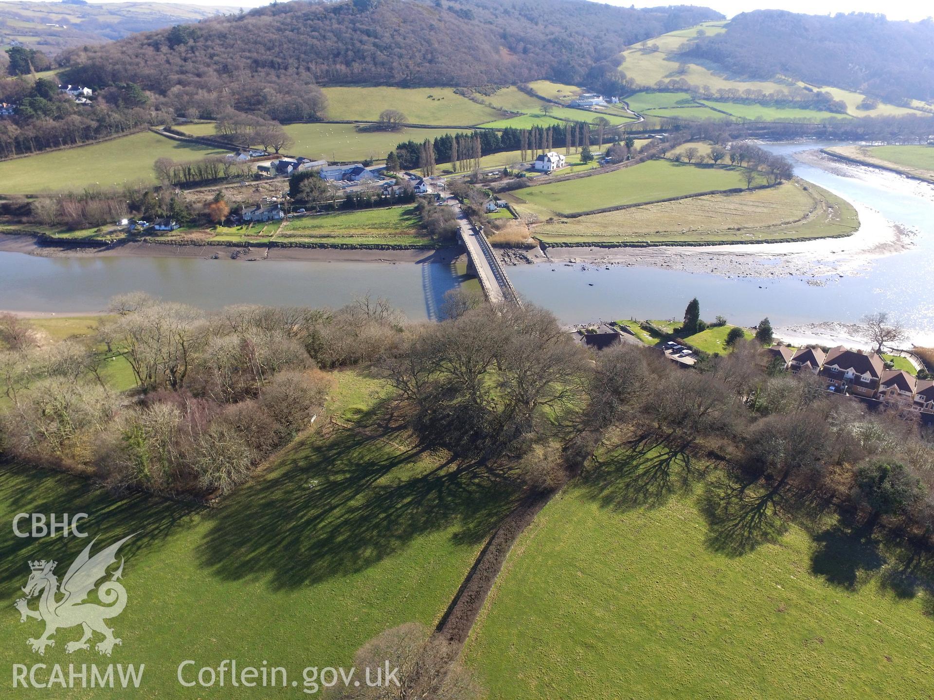 Colour photo showing view of Talycafn Motte, taken by Paul R. Davis, 12th March 2018.