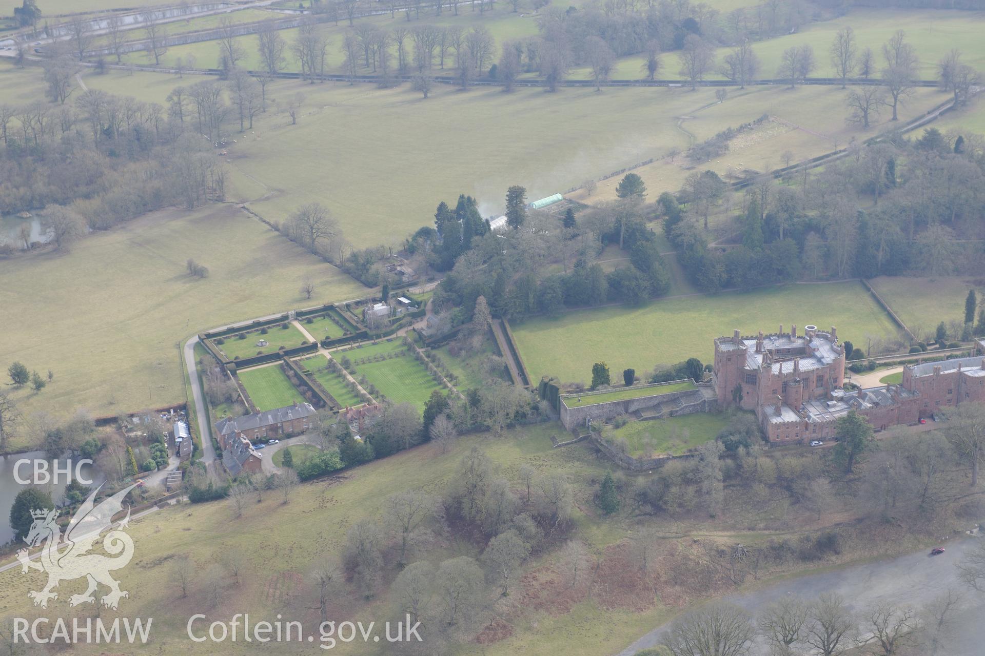 Powis Castle and its associated dairy, estate offices, park and gardens, Welshpool. Oblique aerial photograph taken during the Royal Commission?s programme of archaeological aerial reconnaissance by Toby Driver on 28th February 2013.