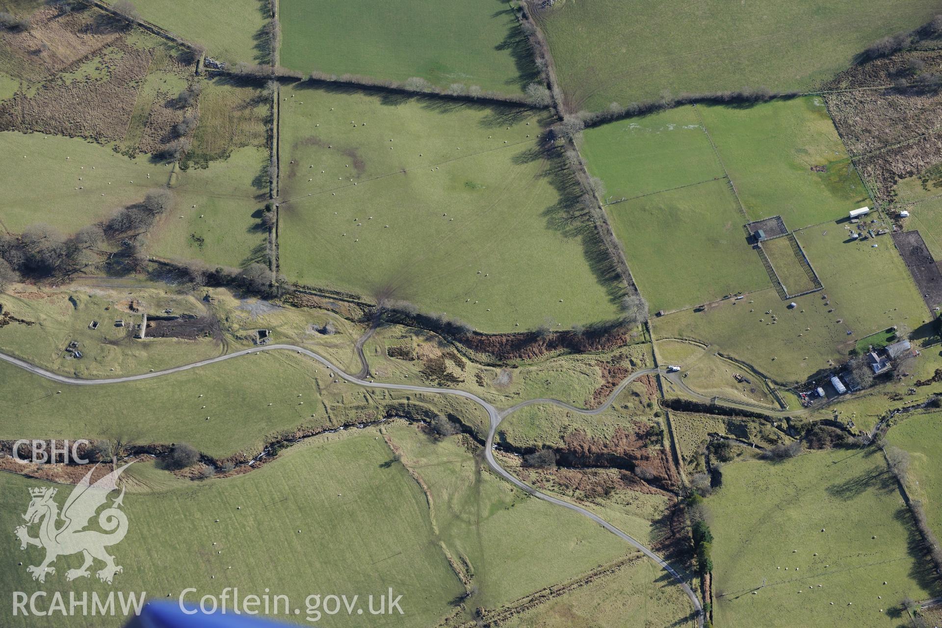 Cwm Mawr mine, north of Pontrhydfendigaid. Oblique aerial photograph taken during the Royal Commission's programme of archaeological aerial reconnaissance by Toby Driver on 4th February 2015.