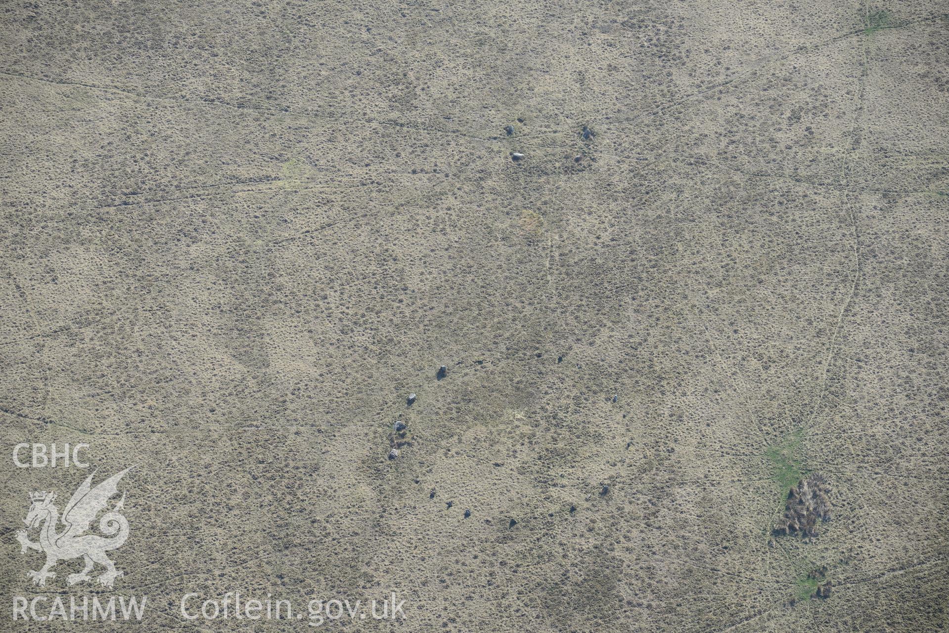 Trecastle Mountain, stone circle 1 and 2. Oblique aerial photograph taken during the Royal Commission's programme of archaeological aerial reconnaissance by Toby Driver on 21st April 2015