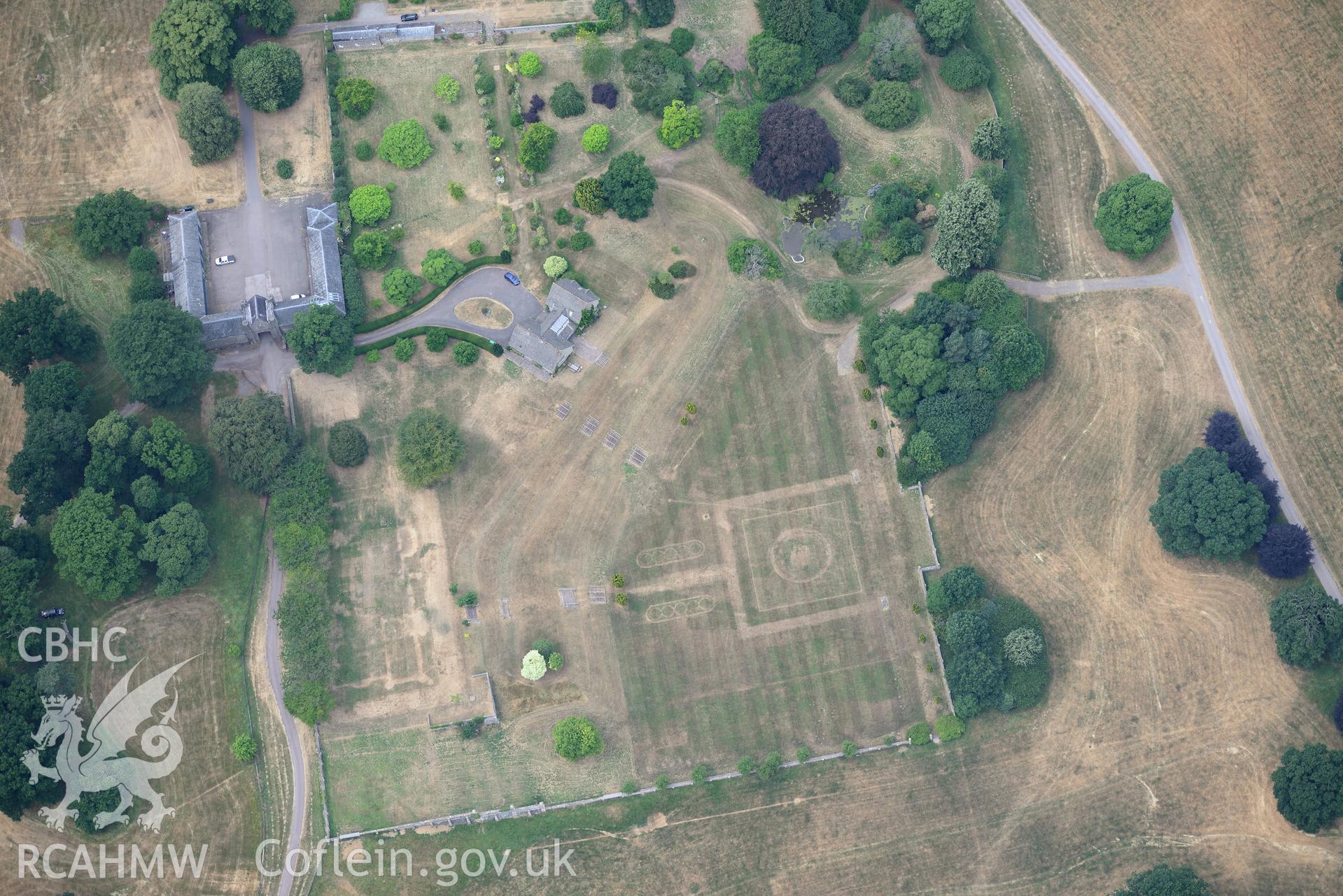 Royal Commission aerial photography of Glanusk Park House and garden taken on 19th July 2018 during the 2018 drought.