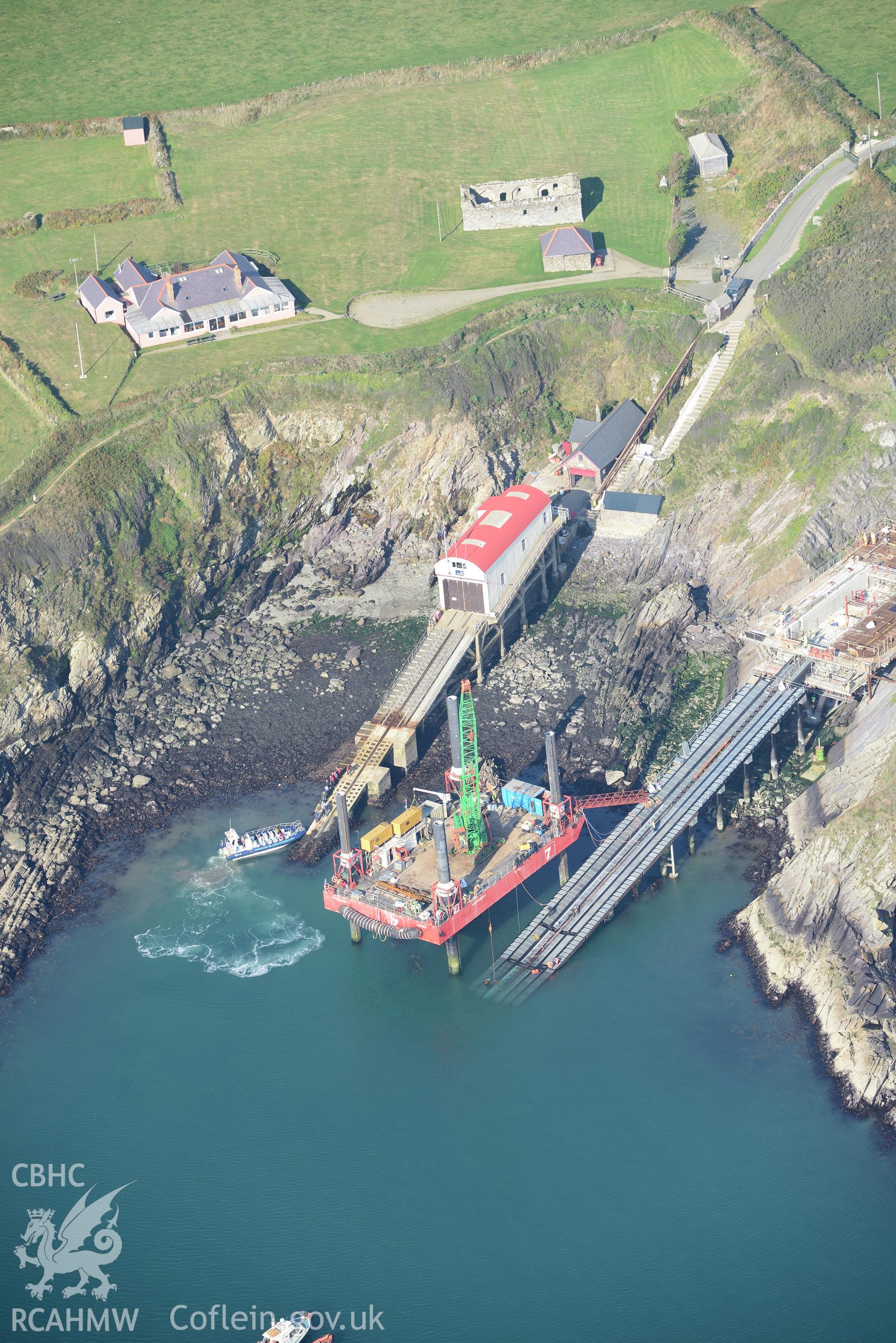 St. Justinian's lifeboat station, St. David's new lifeboat station, St. Justinian's chapel and bungalow, west of St. Davids. Oblique aerial photograph taken during RCAHMW's programme of archaeological aerial reconnaissance by Toby Driver, 30/09/2015.