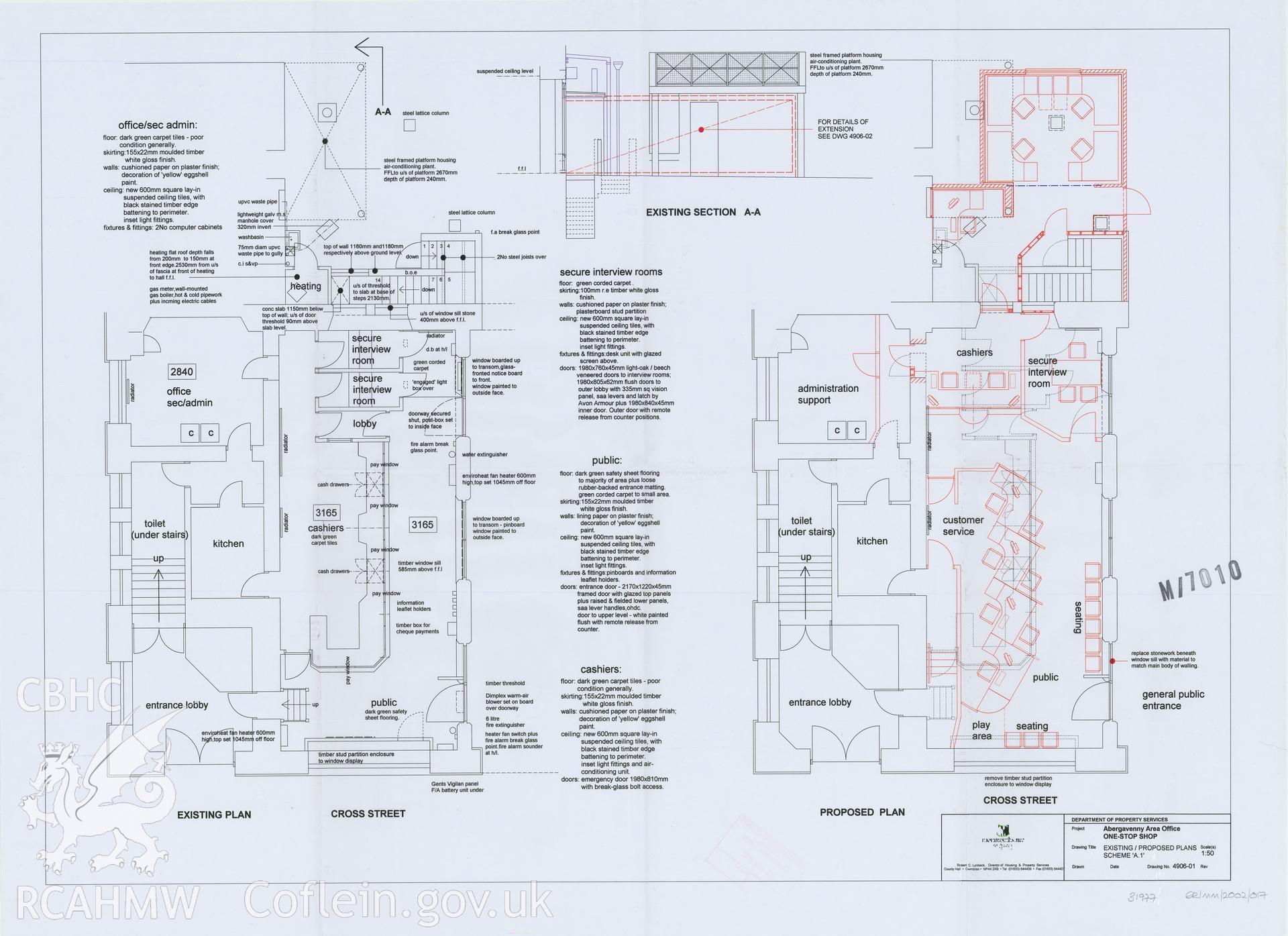 Digitised copy of a measured drawing showing existing/proposed plans at Abergaveeny Market hall, received in the course of Emergency Recording Programme.