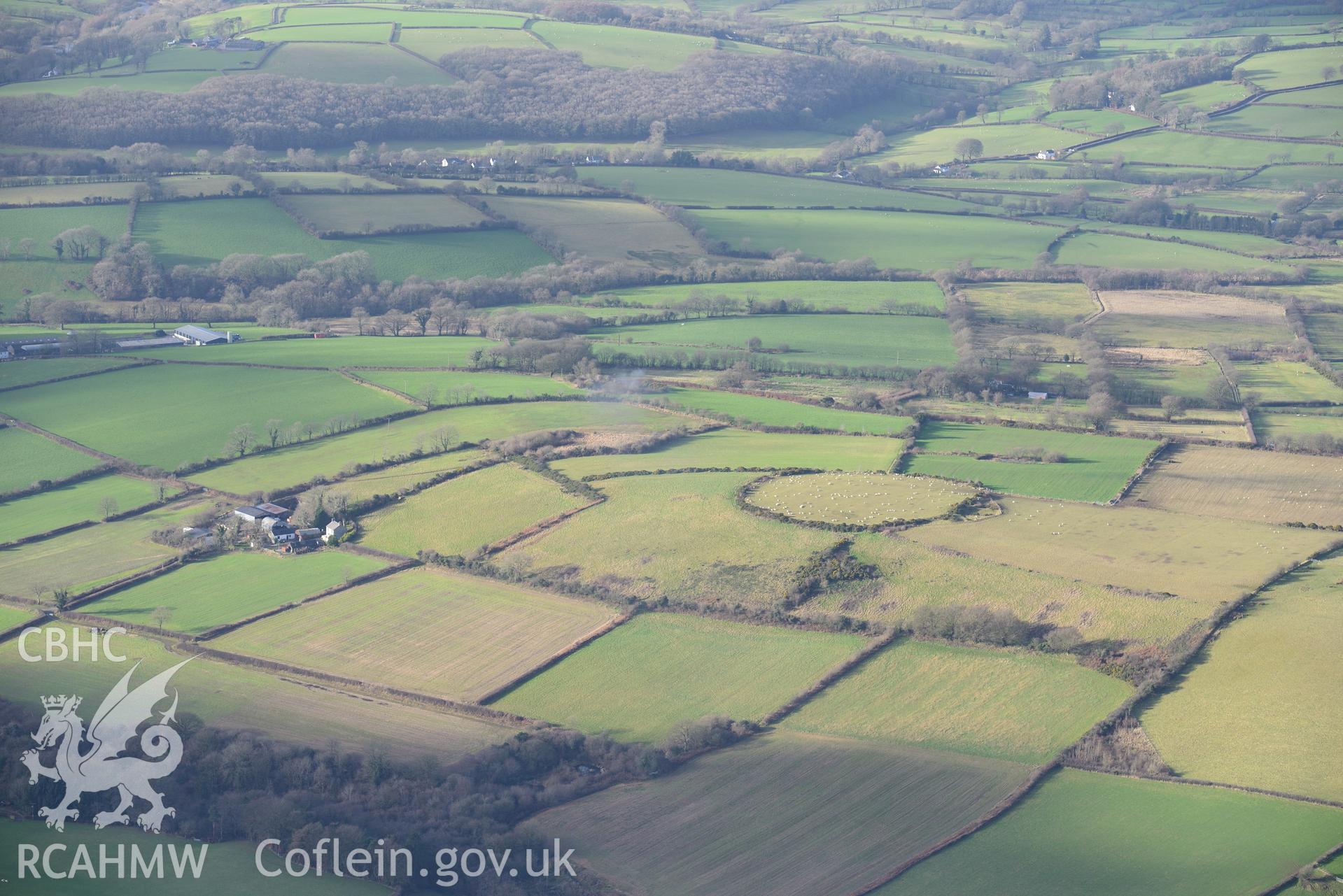 Cribyn Clottas Hillfort. Oblique aerial photograph taken during the Royal Commission's programme of archaeological aerial reconnaissance by Toby Driver on 6th January 2015.