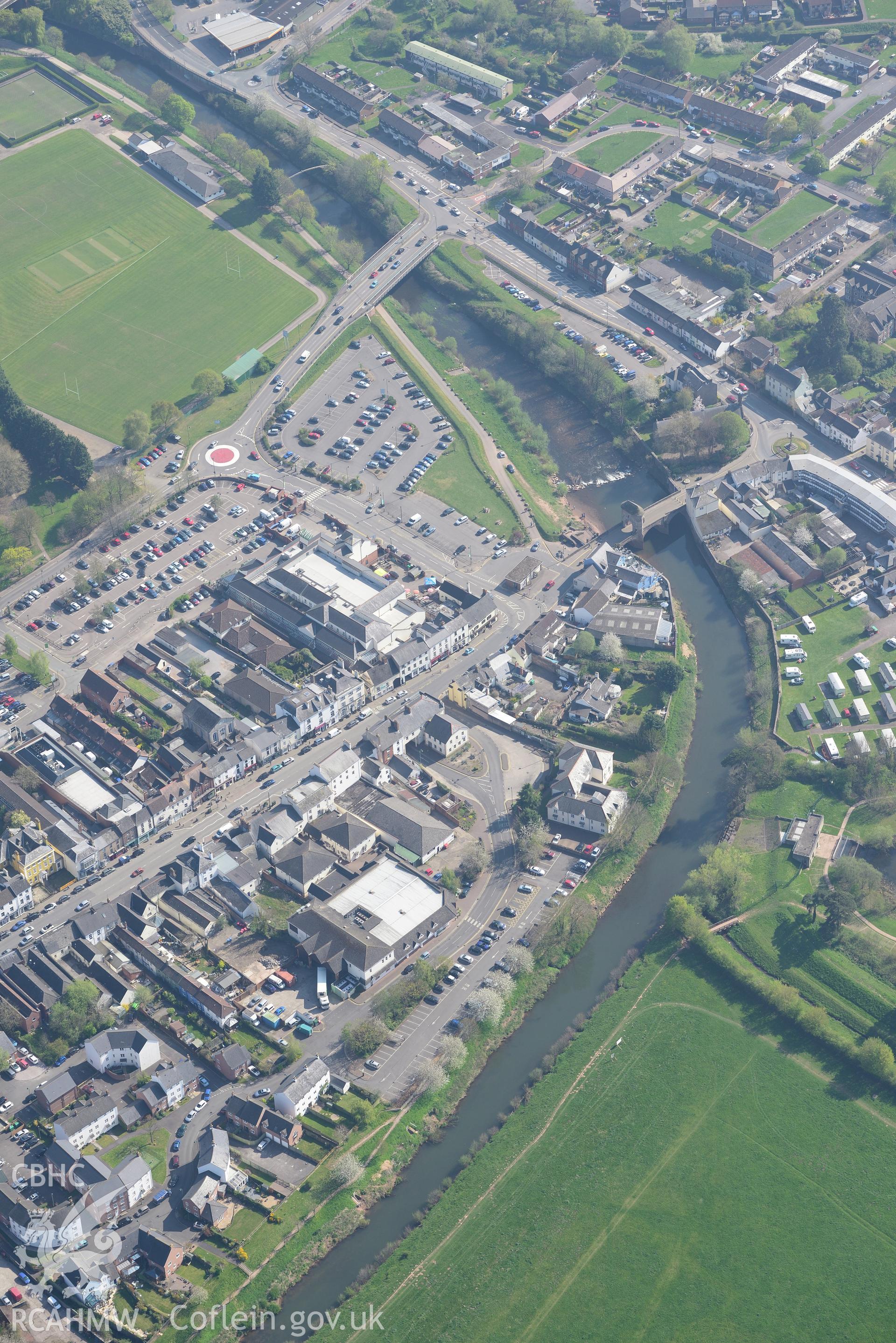 Monmouth Bridge and Gate. Oblique aerial photograph taken during the Royal Commission's programme of archaeological aerial reconnaissance by Toby Driver on 15th April 2015.