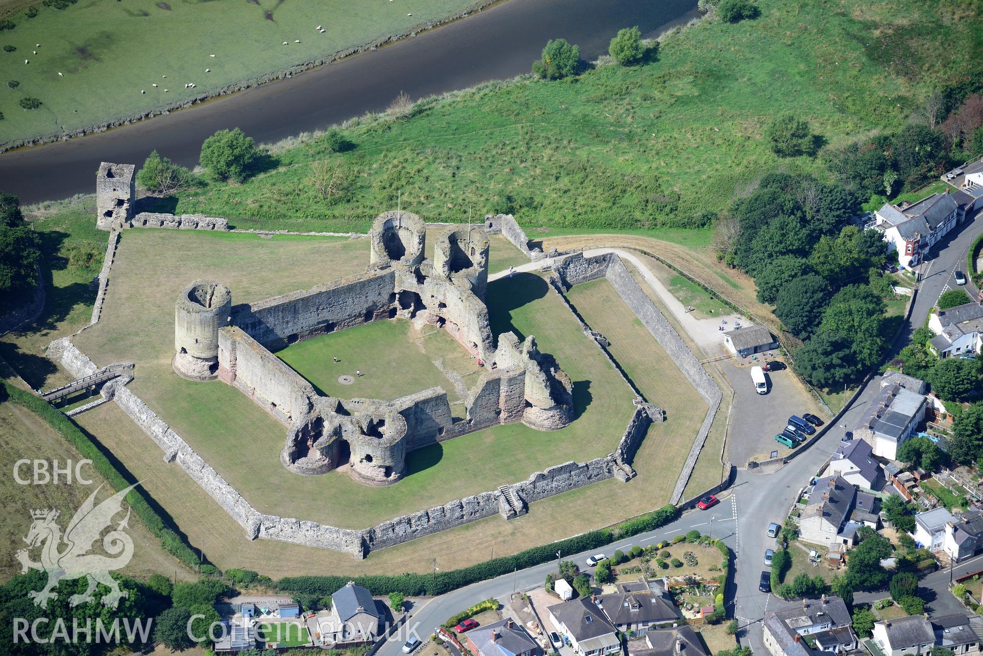 Royal Commission aerial photography of Rhuddlan Castle taken on 19th July 2018 during the 2018 drought.