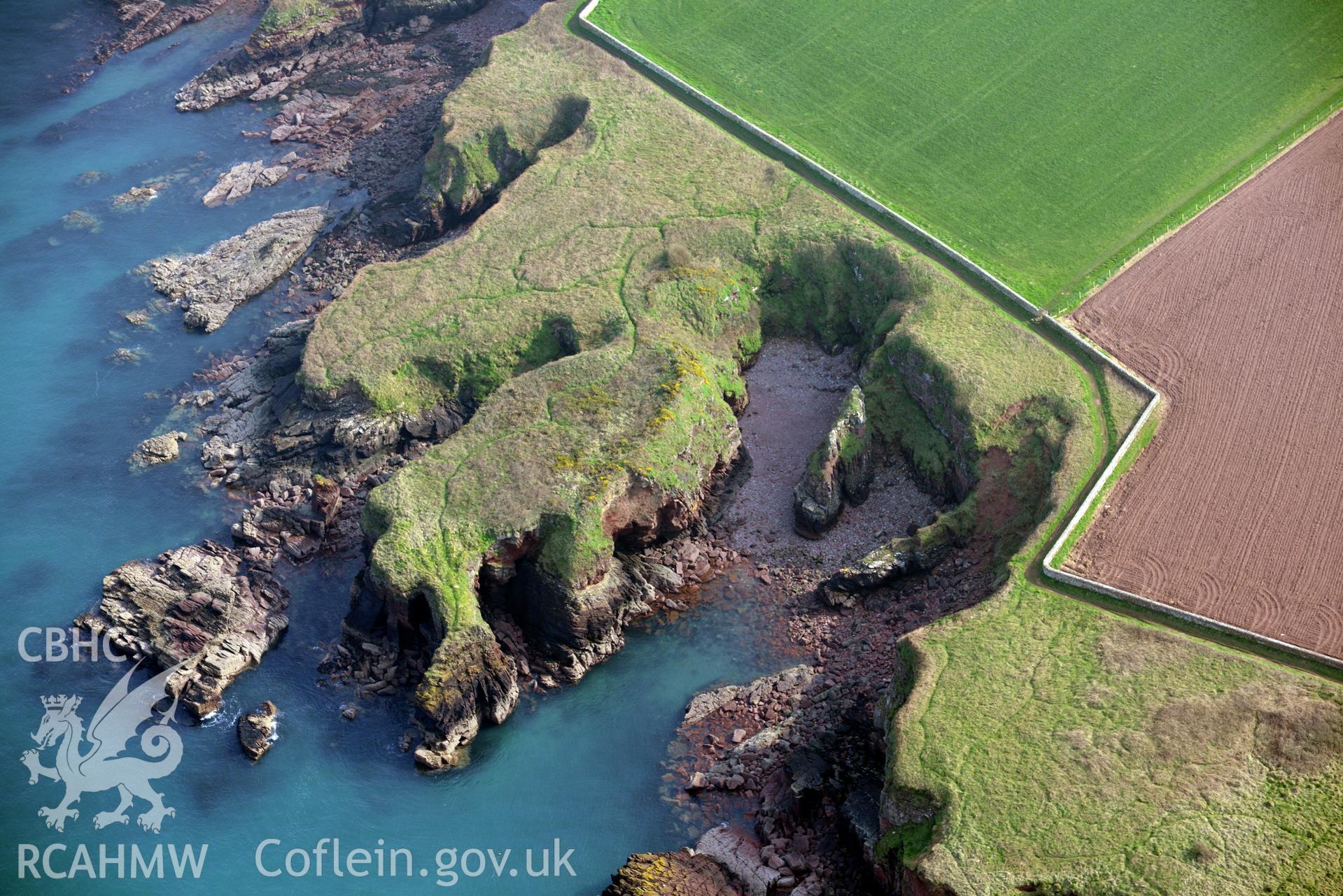 Aerial photography of Castle Head promontory fort taken on 27th March 2017. Baseline aerial reconnaissance survey for the CHERISH Project. ? Crown: CHERISH PROJECT 2017. Produced with EU funds through the Ireland Wales Co-operation Programme 2014-2020. All material made freely available through the Open Government Licence.