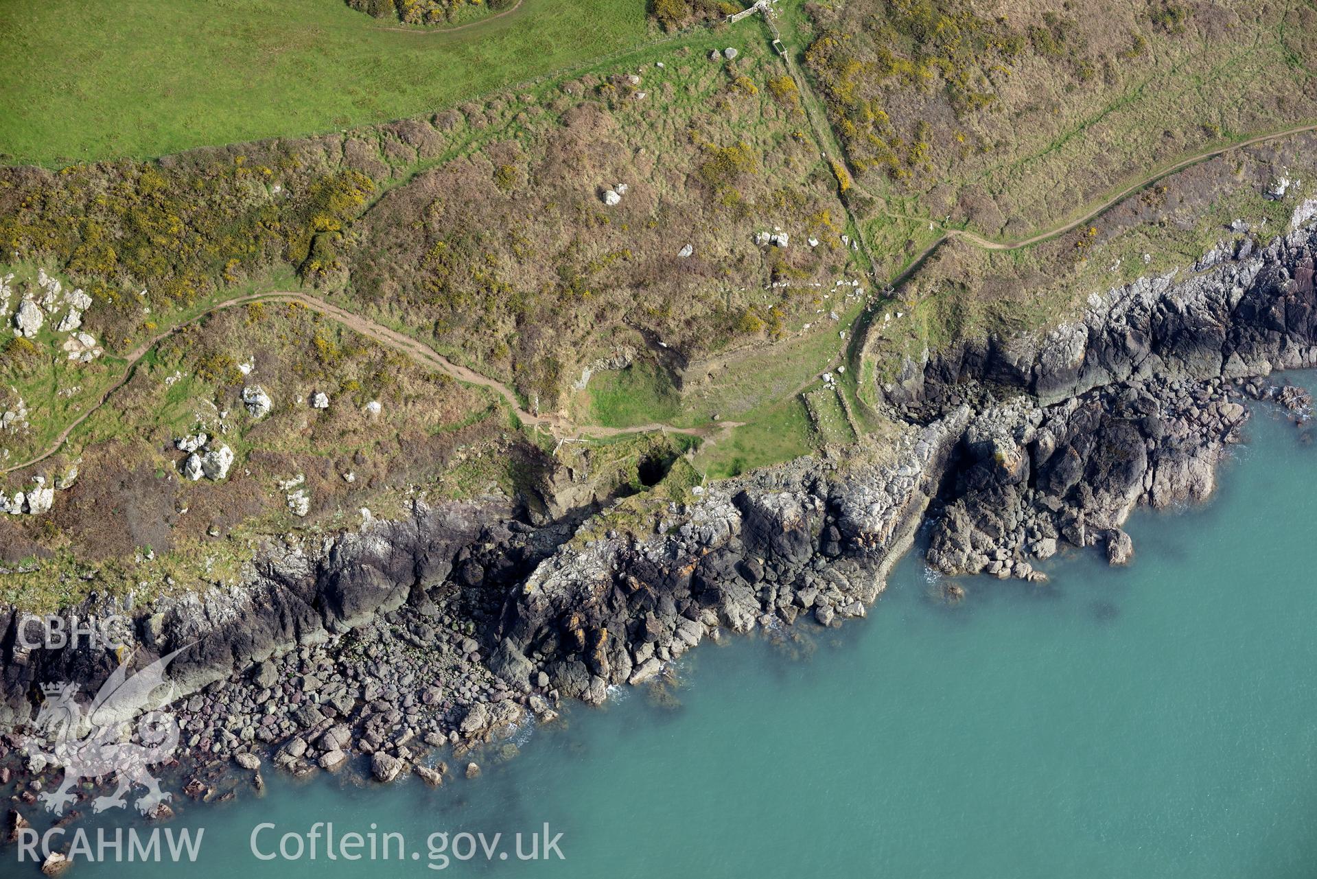 Aerial photography of Penmaenmelyn copper mine with coastal erosion, taken on 27th March 2017. Baseline aerial reconnaissance survey for the CHERISH Project. ? Crown: CHERISH PROJECT 2019. Produced with EU funds through the Ireland Wales Co-operation Programme 2014-2020. All material made freely available through the Open Government Licence.