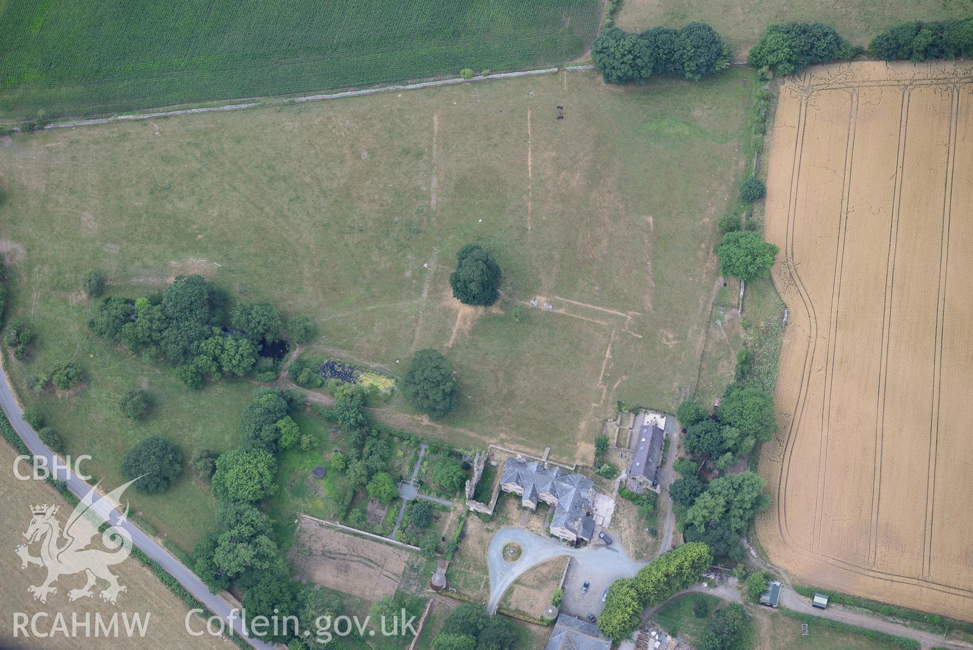 Royal Commission aerial photography of Old Gwernyfed taken on 19th July 2018 during the 2018 drought.