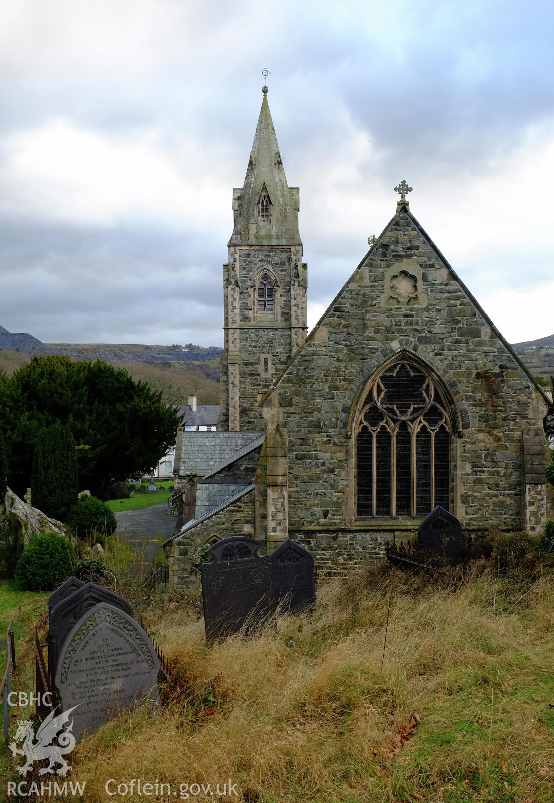 Colour photograph showing view looking south west at Christ Church, Bethesda, produced by Richard Hayman 2nd February 2017