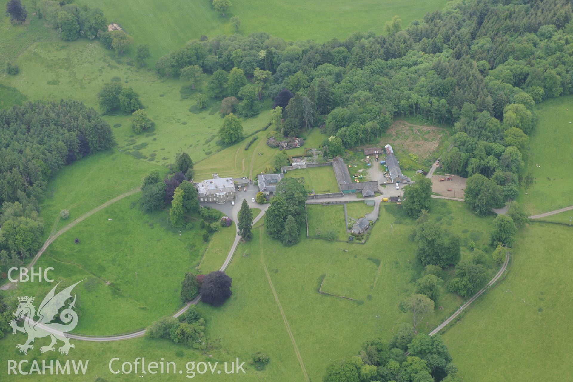 Cefn Dyrys estate including home farm, garden, stables and garden cottage, near Builth Wells. Oblique aerial photograph taken during the Royal Commission's programme of archaeological aerial reconnaissance by Toby Driver on 11th June 2015.