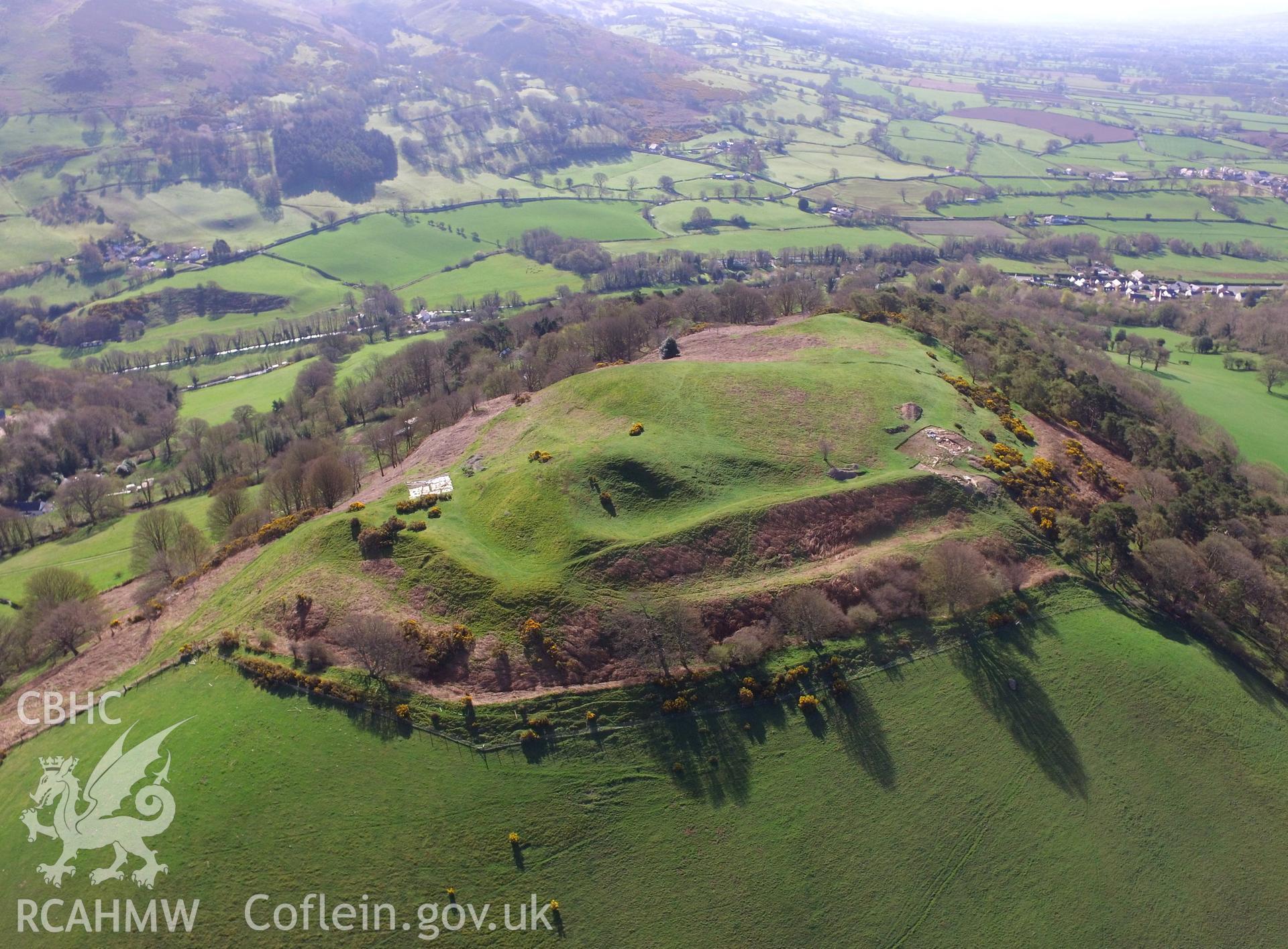 Colour photo showing aerial view of Moel-y-Gaer Hillfort, Bodfari, taken by Paul R. Davis, 20th April 2018.