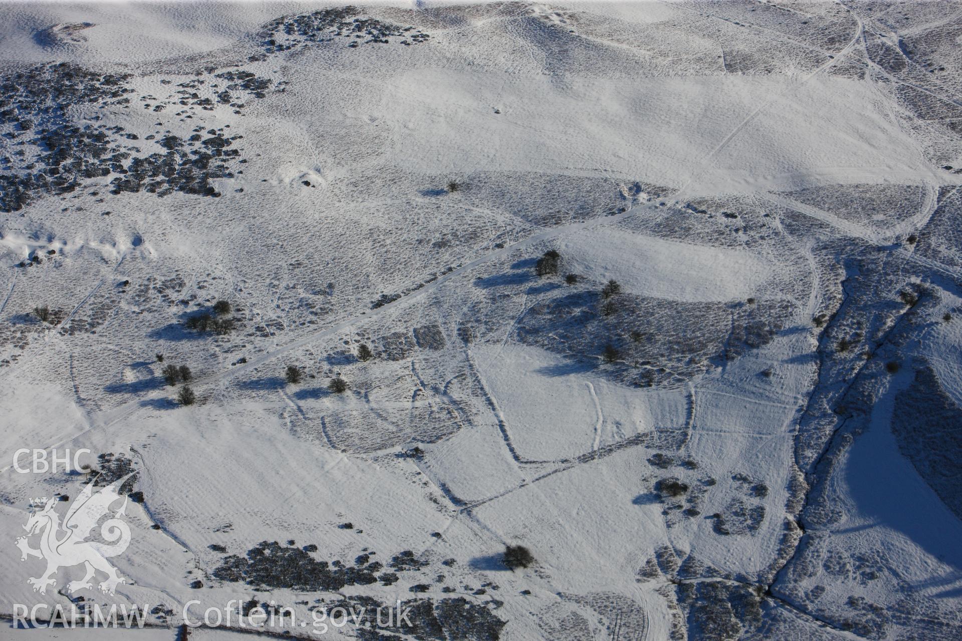 Pentre Jack deserted rural settlement, Painscastle, south east of Builth Wells. Oblique aerial photograph taken during the Royal Commission?s programme of archaeological aerial reconnaissance by Toby Driver on 15th January 2013.