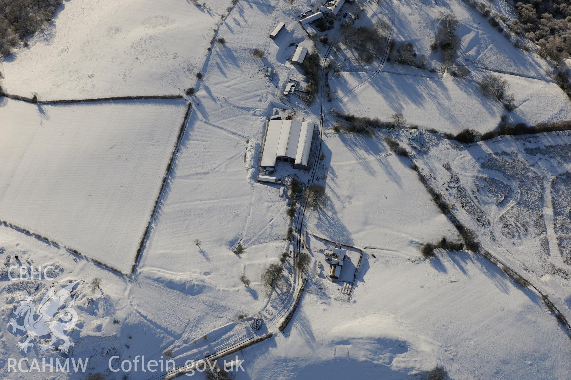 Cefnllys Castle deer park, Penybont, north east of Llandrindod Wells. Oblique aerial photograph taken during the Royal Commission?s programme of archaeological aerial reconnaissance by Toby Driver on 15th January 2013.