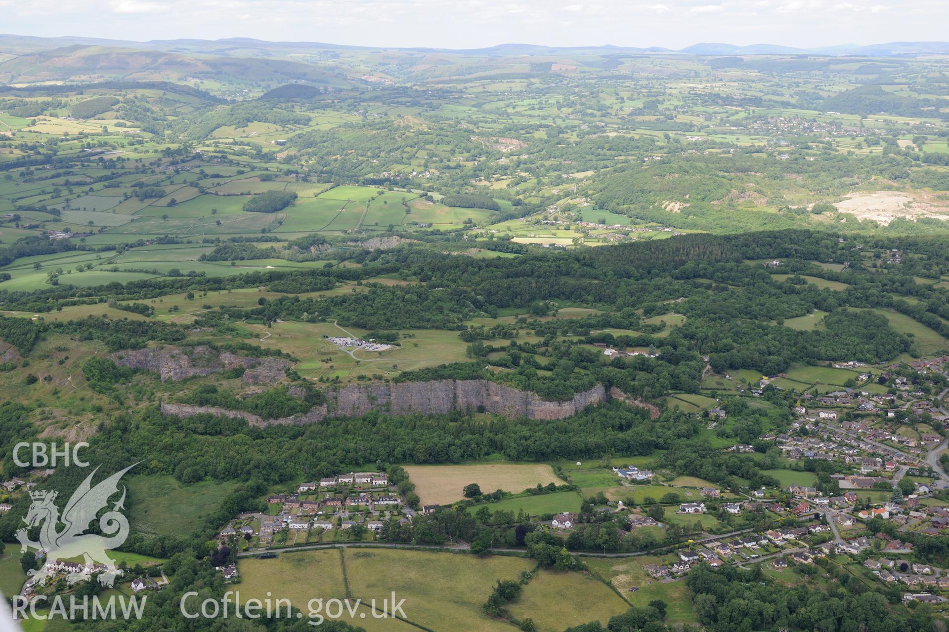 Llanymynech hillfort on the Welsh-English border, south west of Oswestry. Oblique aerial photograph taken during the Royal Commission's programme of archaeological aerial reconnaissance by Toby Driver on 30th June 2015.