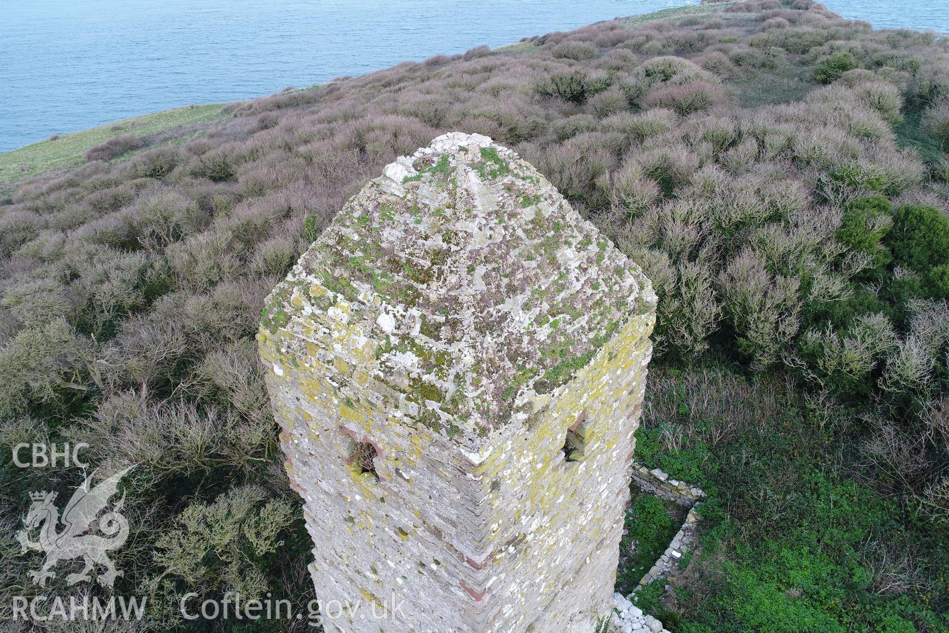 Investigator's drone/UAV survey of the church and monastic settlement on Puffin Island or Ynys Seiriol for the CHERISH Project. ? Crown: CHERISH PROJECT 2018. Produced with EU funds through the Ireland Wales Co-operation Programme 2014-2020. All material made freely available through the Open Government Licence.