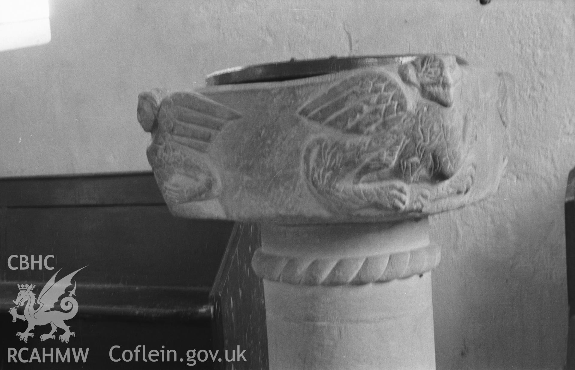 Digital copy of a black and white negative showing Norman font at St Mary's Church, Maestir, Lampter. Photographed in April 1963 by Arthur O. Chater from Grid Reference SN 5537 4932.