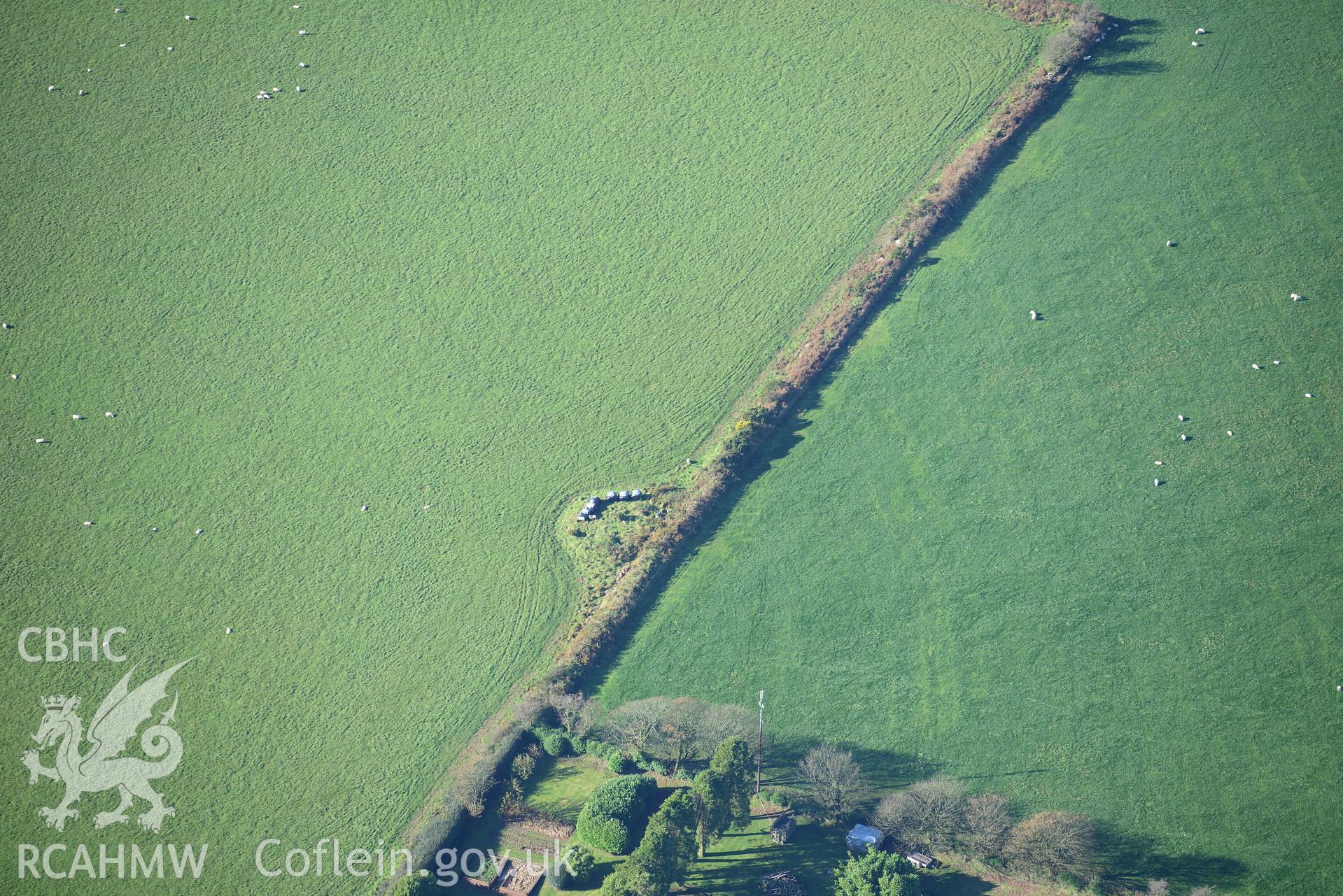 Glandymawr Cairn Circle near Glandy Cross, Narberth.  Oblique aerial photograph taken during the Royal Commission's programme of archaeological aerial reconnaissance by Toby Driver on 2nd November 2015.