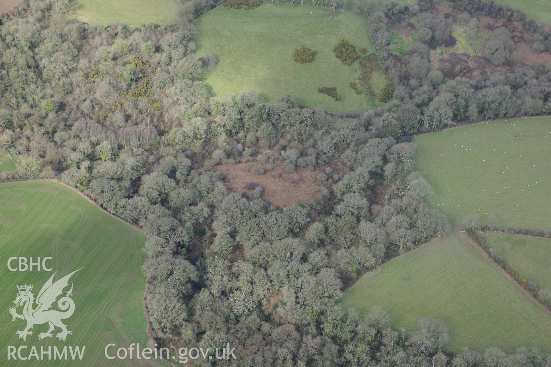 Glandwr Isaf Camp defended enclosure, Moylegrove, near Cardigan. Oblique aerial photograph taken during the Royal Commission's programme of archaeological aerial reconnaissance by Toby Driver on 13th March 2015.