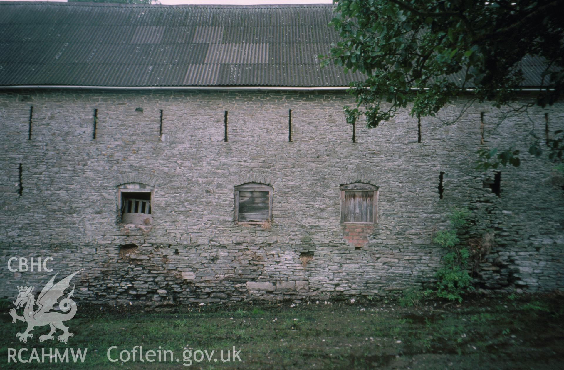 Digital copy of a colour slide showing exterior view of Pilleth Court Farm Building, produced by Geoff Ward.