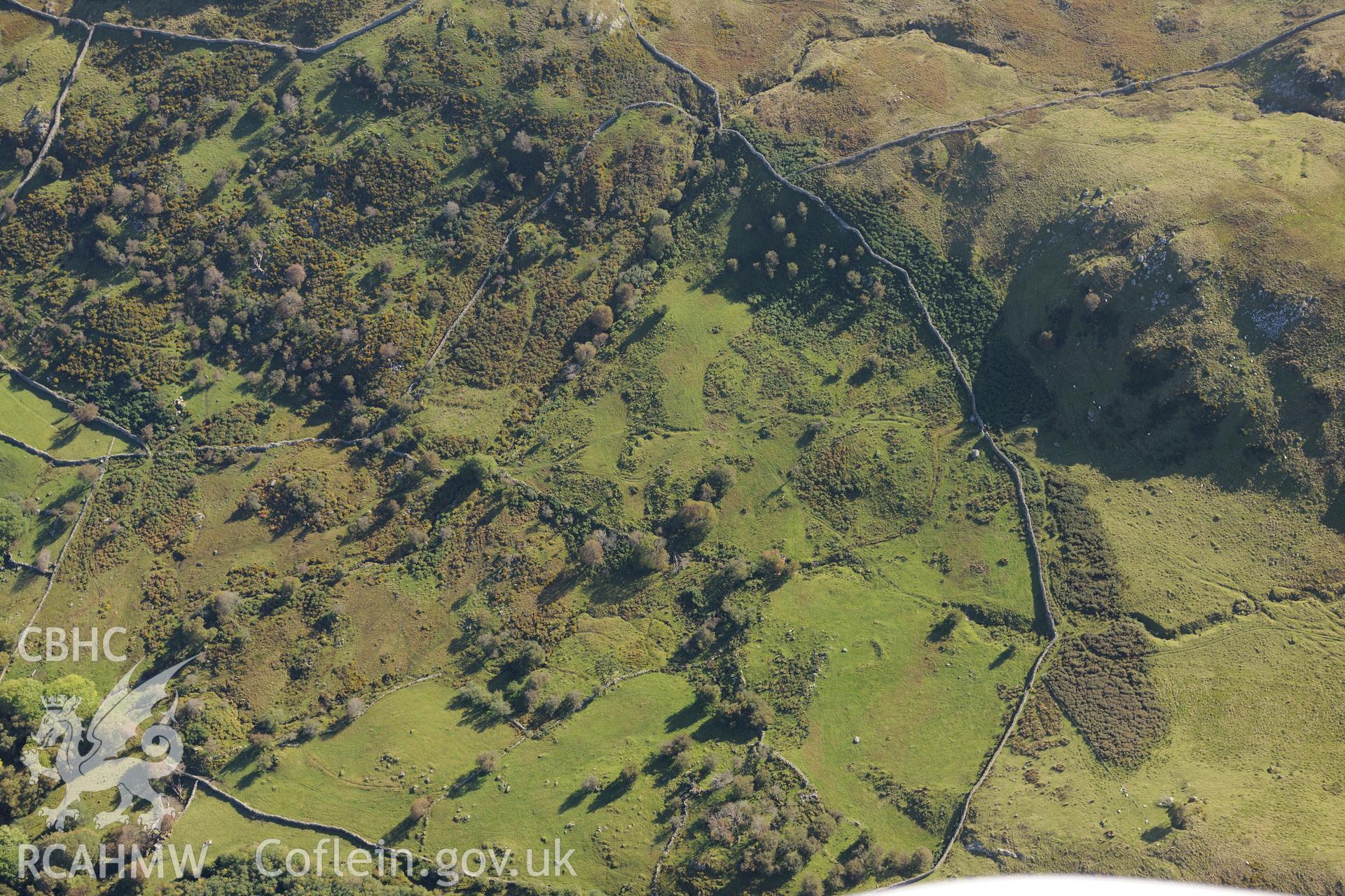 Maescoch deserted rural settlement. Oblique aerial photograph taken during the Royal Commission's programme of archaeological aerial reconnaissance by Toby Driver on 2nd October 2015.