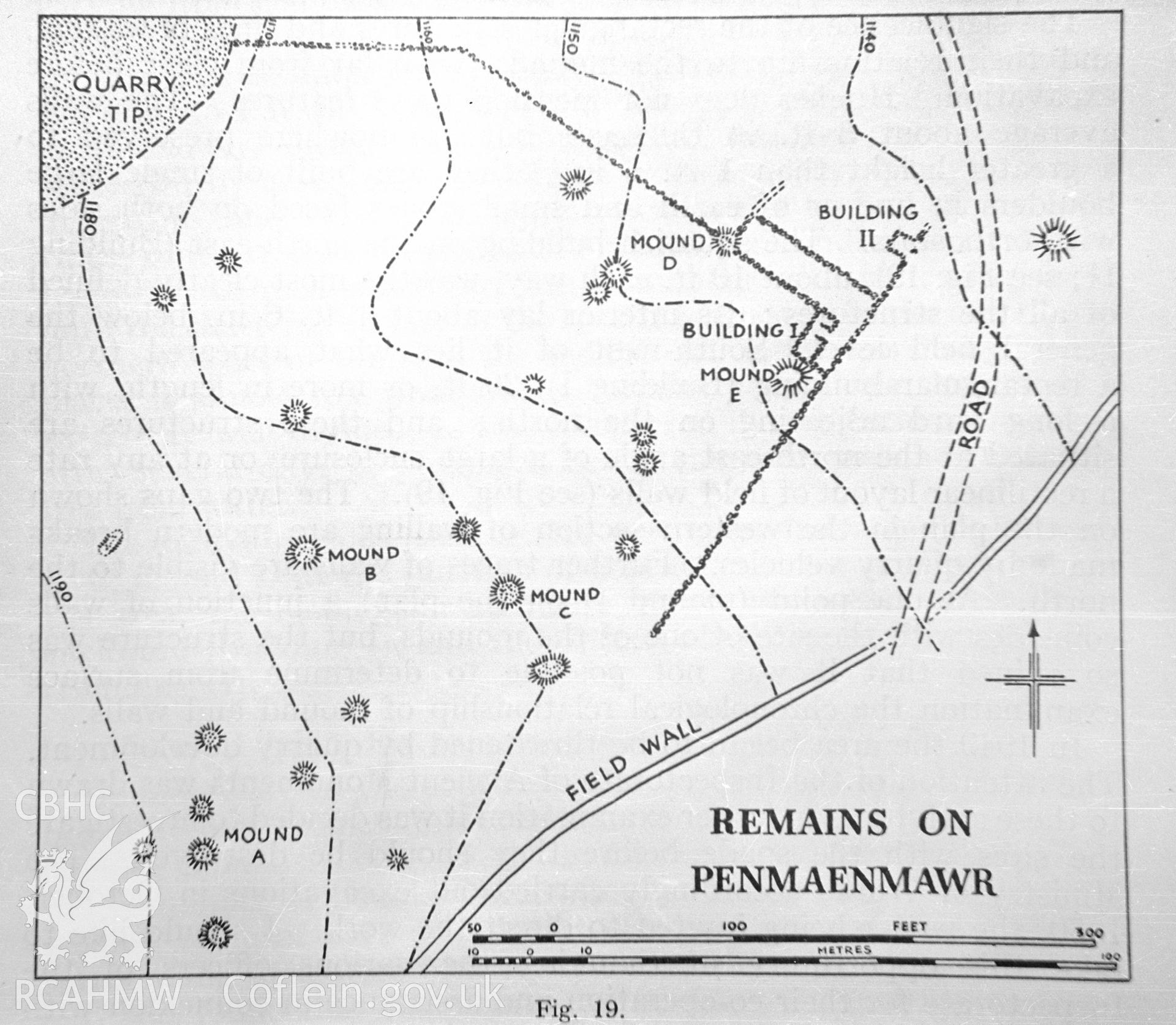 Digital copy of a nitrate negative showing a diagram of the remains of a platform house on Penmaenmawr, taken by Ordnance Survey.