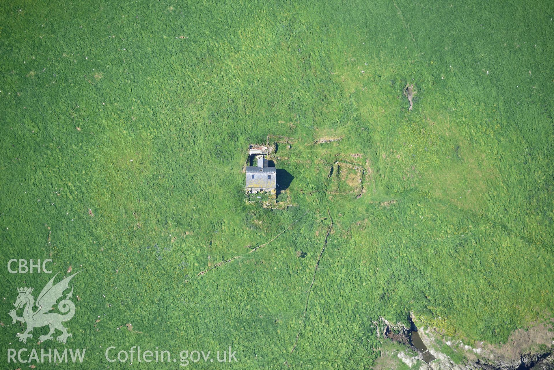 Aerial photography of St Tudwal's Island East taken on 3rd May 2017.  Baseline aerial reconnaissance survey for the CHERISH Project. ? Crown: CHERISH PROJECT 2017. Produced with EU funds through the Ireland Wales Co-operation Programme 2014-2020. All material made freely available through the Open Government Licence.