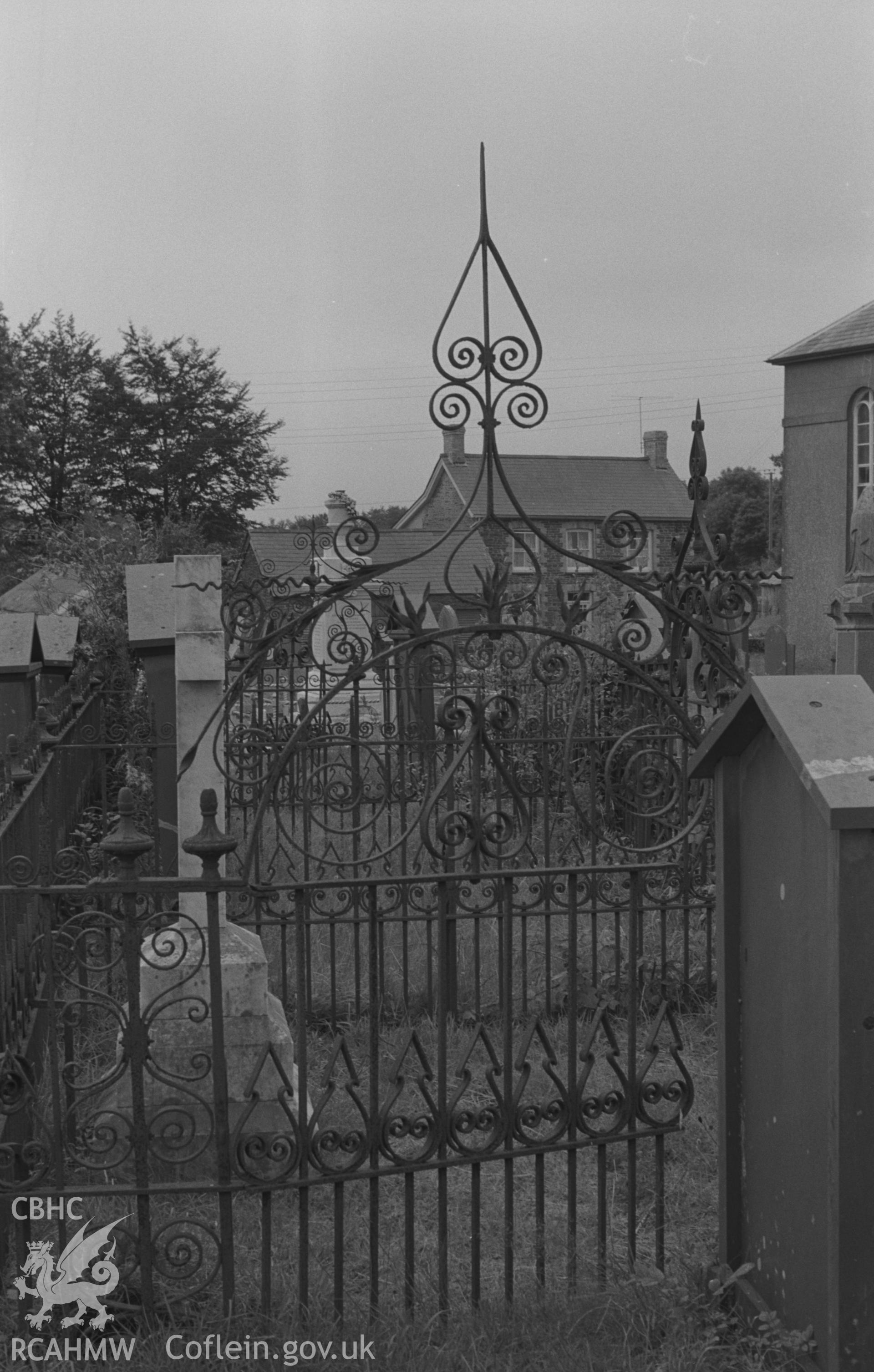 Digital copy of a black and white negative showing view of gates at Capel Pant-y-Defaid Welsh Unitarian chapel, Pren-Gwyn, Llandysul. Photographed by Arthur O. Chater on 7th September 1966.