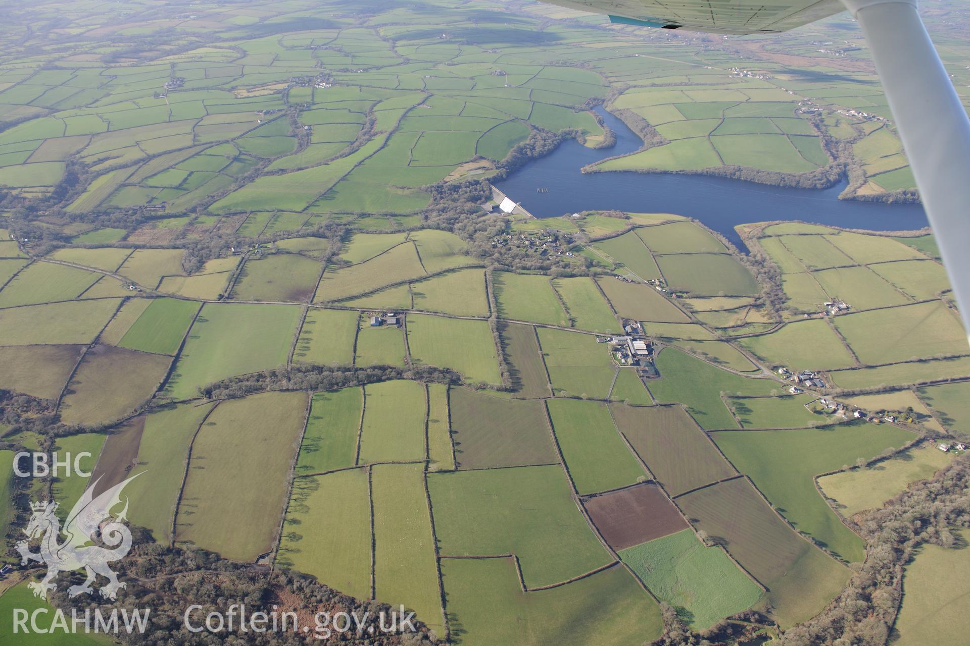 Llys y Fr?n village on the southern shores of Llys y Fr?n reservoir, north east of Haverfordwest. Oblique aerial photograph taken during the Royal Commission's programme of archaeological aerial reconnaissance by Toby Driver on 4th February 2015.