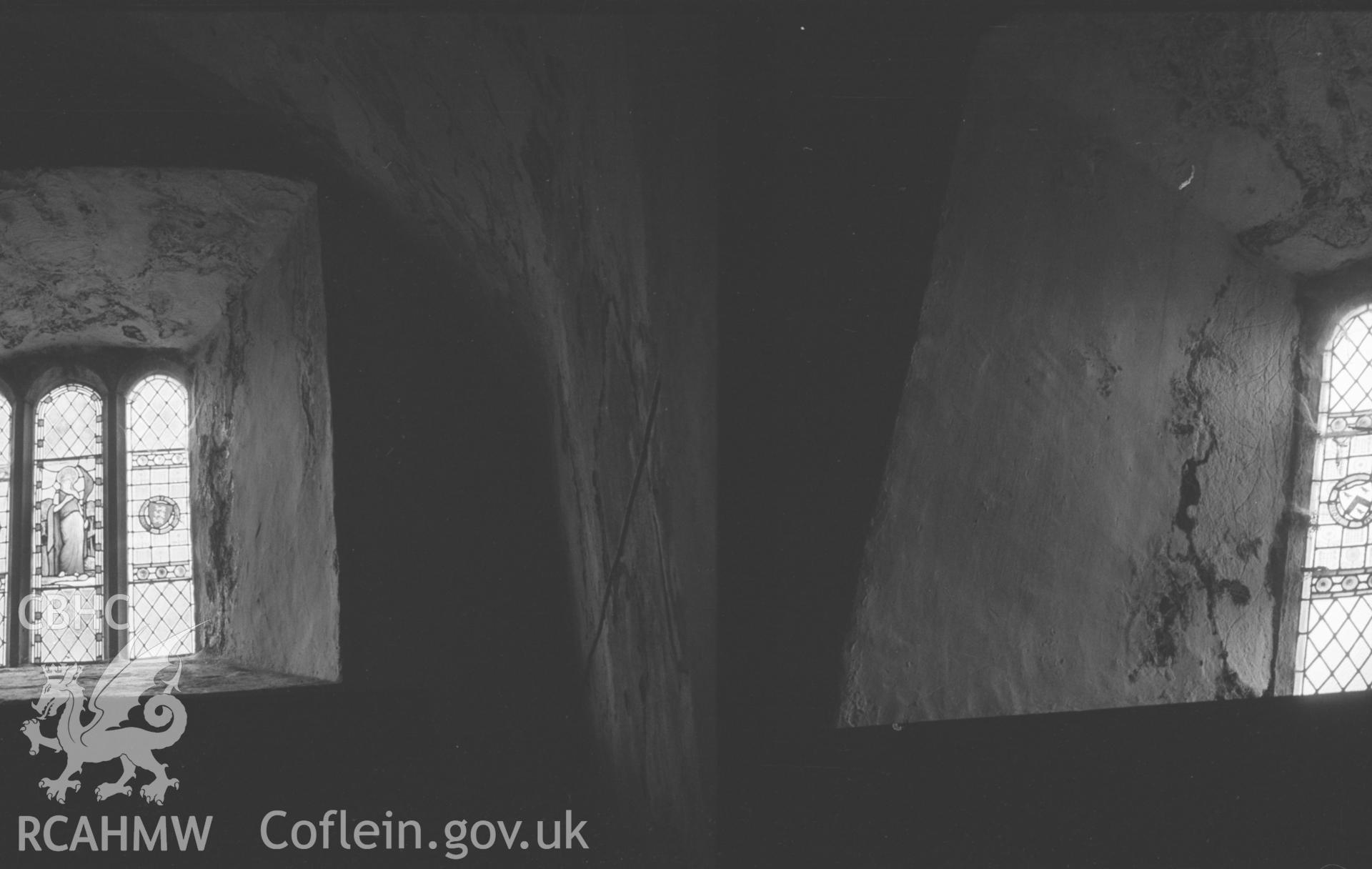 Digital copy of a black and white negative showing west stained glass window over west door at St. Gwenog's Church, Llanwenog. Photographed by Arthur O. Chater in August 1966 from Grid Reference SN 494 456.