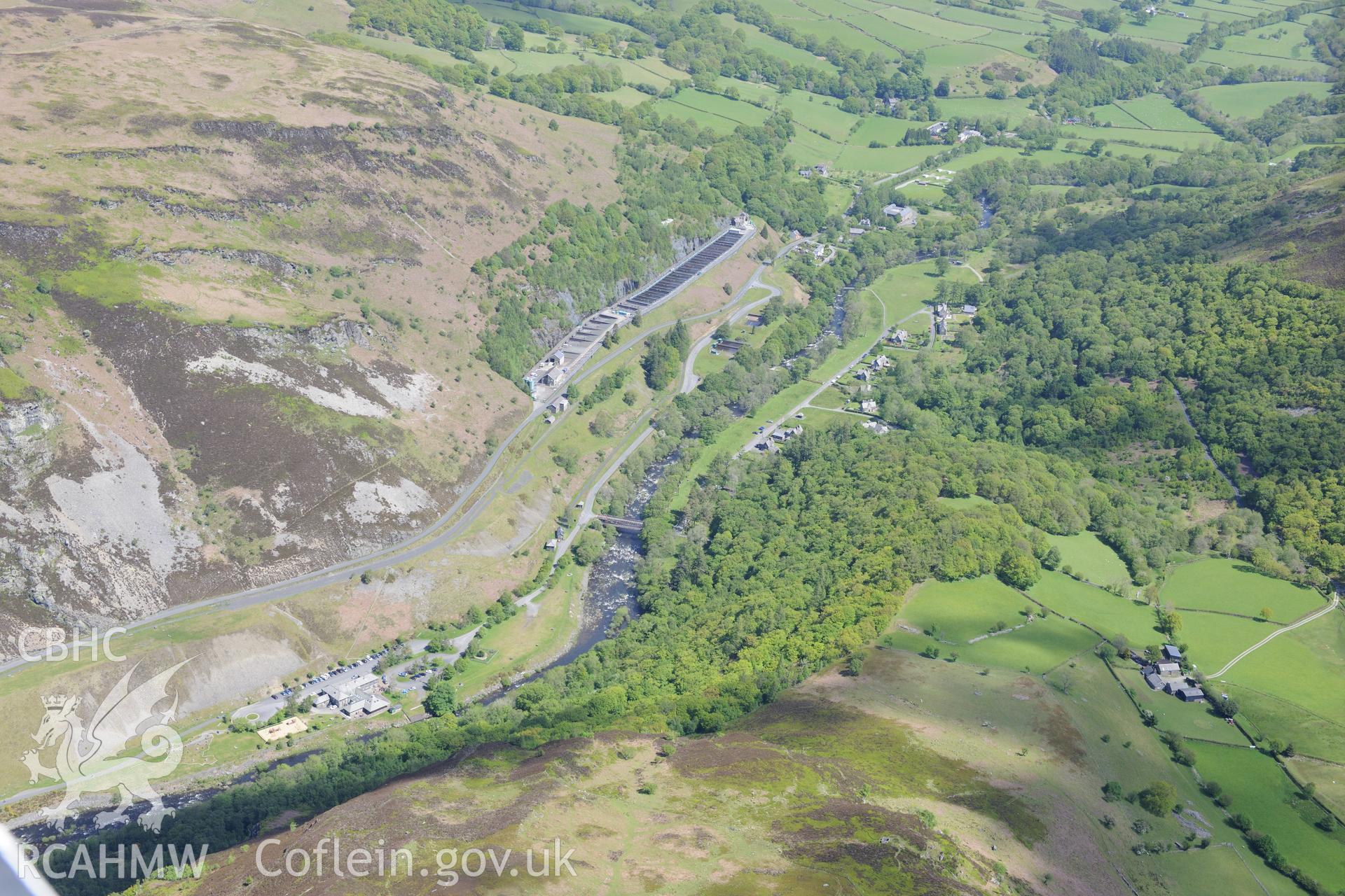 Landscape view of Elan model village and Cnwch Farmstead. Oblique aerial photograph taken during the Royal Commission's programme of archaeological aerial reconnaissance by Toby Driver on 3rd June 2015.